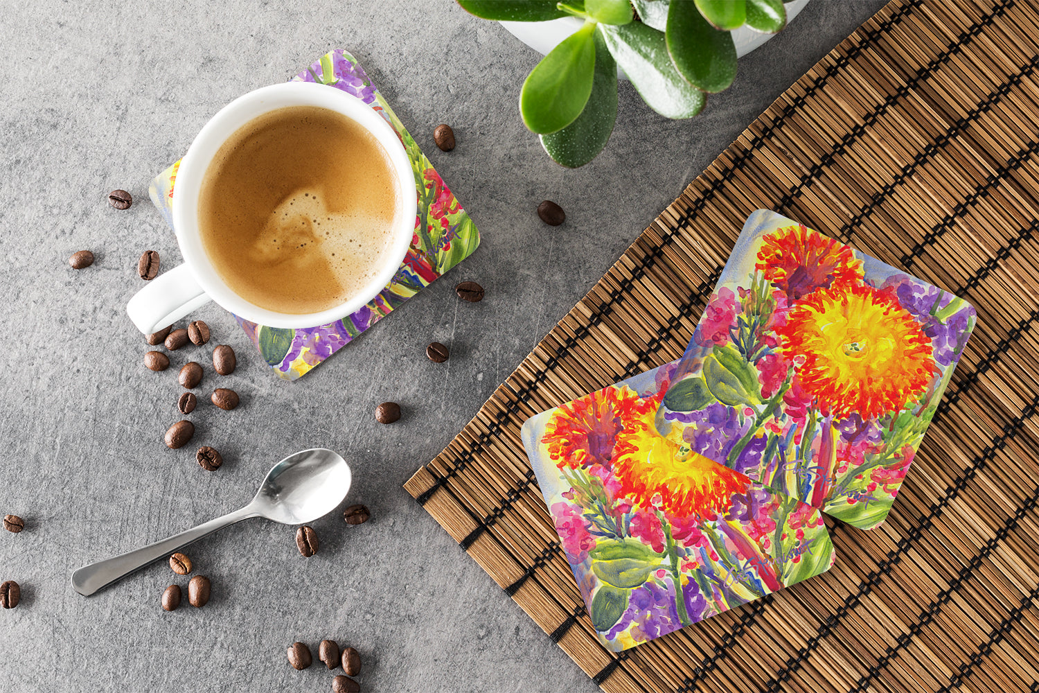 Flower - Aster Foam Coasters Set of 4 Cup Coasters for Indoor Outdoor, Tabletop Protection, Anti Slip, Mouse pad Material