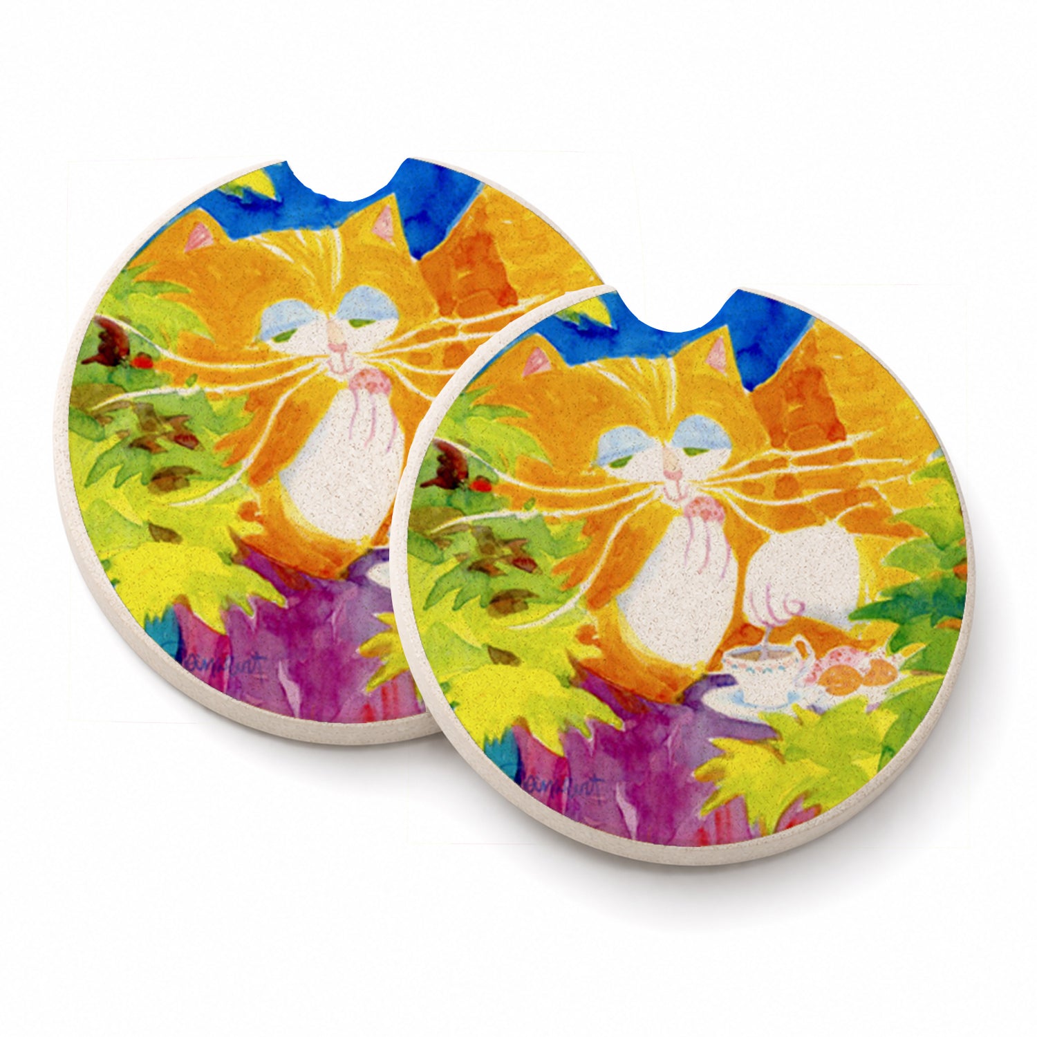 Cat Tea Time Set of 2 Cup Holder Car Coasters Absorbent Round Sandstone Coasters Gifts for Men or Women, 2.5, Multicolor