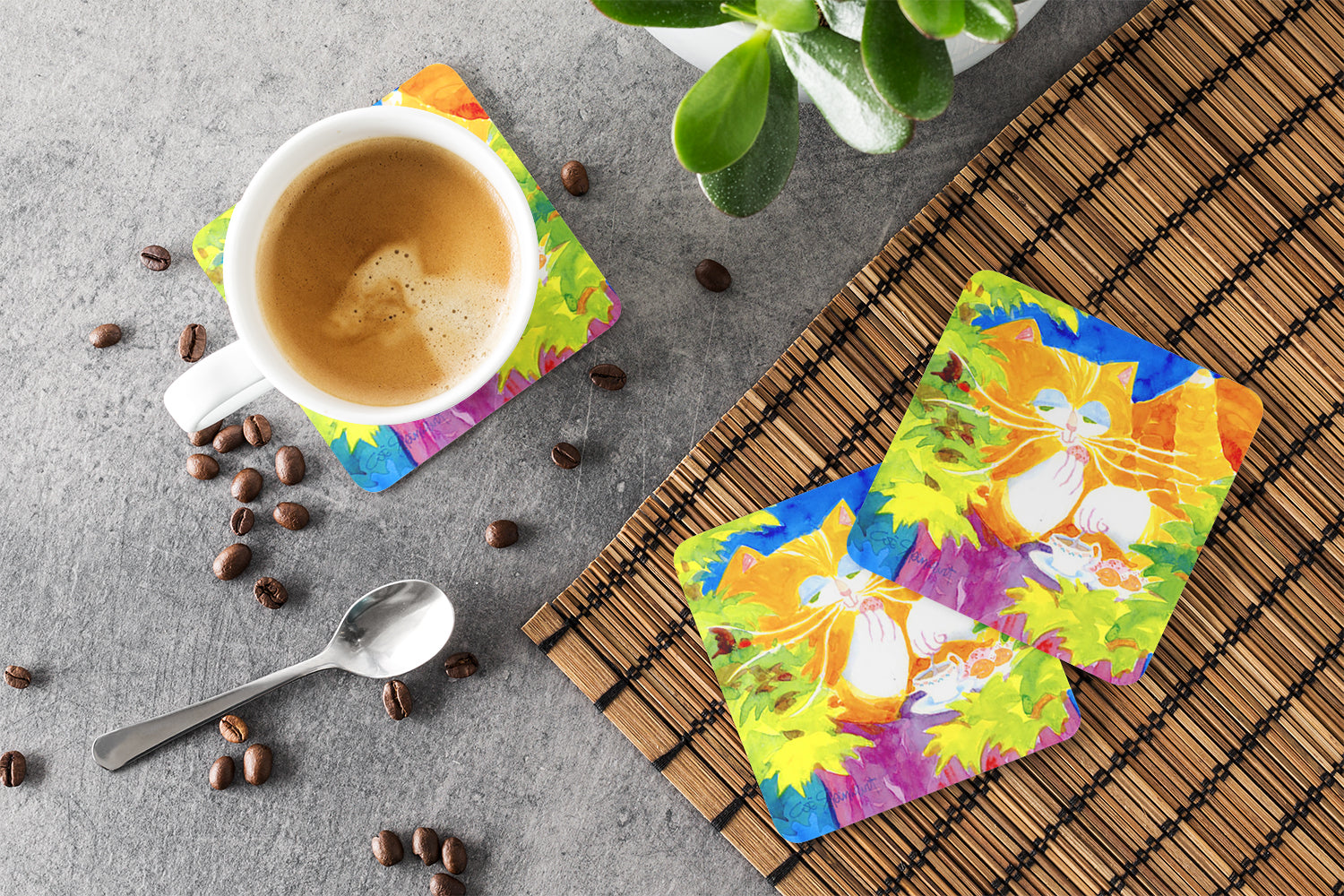 Cat Tea Time Foam Coasters Set of 4 Cup Coasters for Indoor Outdoor, Tabletop Protection, Anti Slip, Mouse pad Material