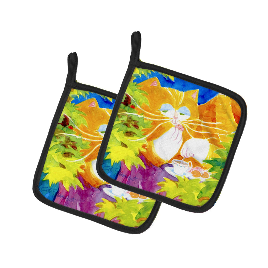 Cat Tea Time Pot Holder Set of 2 Heat Resistant Quilted Hot Pads 7.5 x 7.5 Inch, Insulated Kitchen Trivets for Cooking & Baking