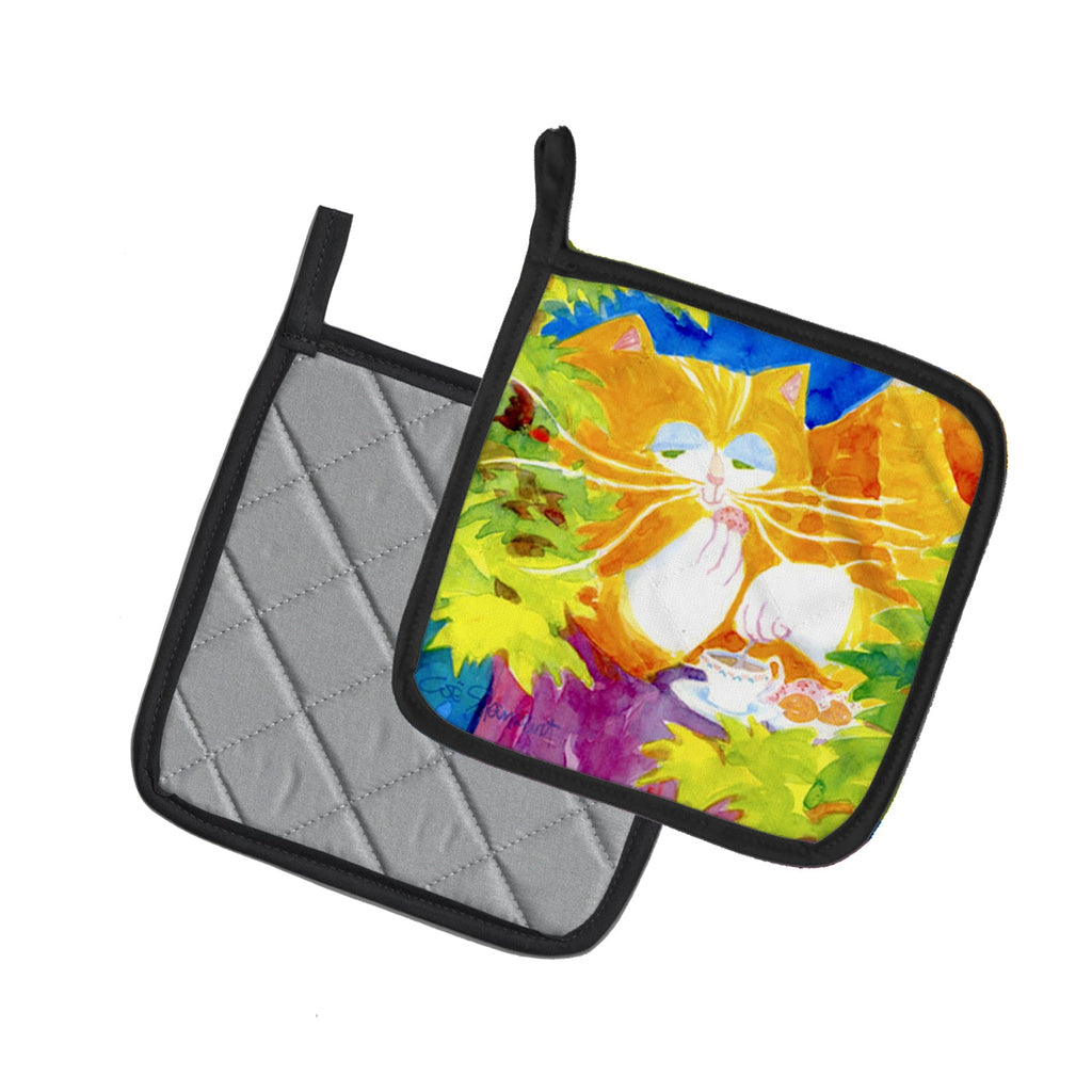 Cat Tea Time Pot Holder Set of 2 Heat Resistant Quilted Hot Pads 7.5 x 7.5 Inch, Insulated Kitchen Trivets for Cooking & Baking