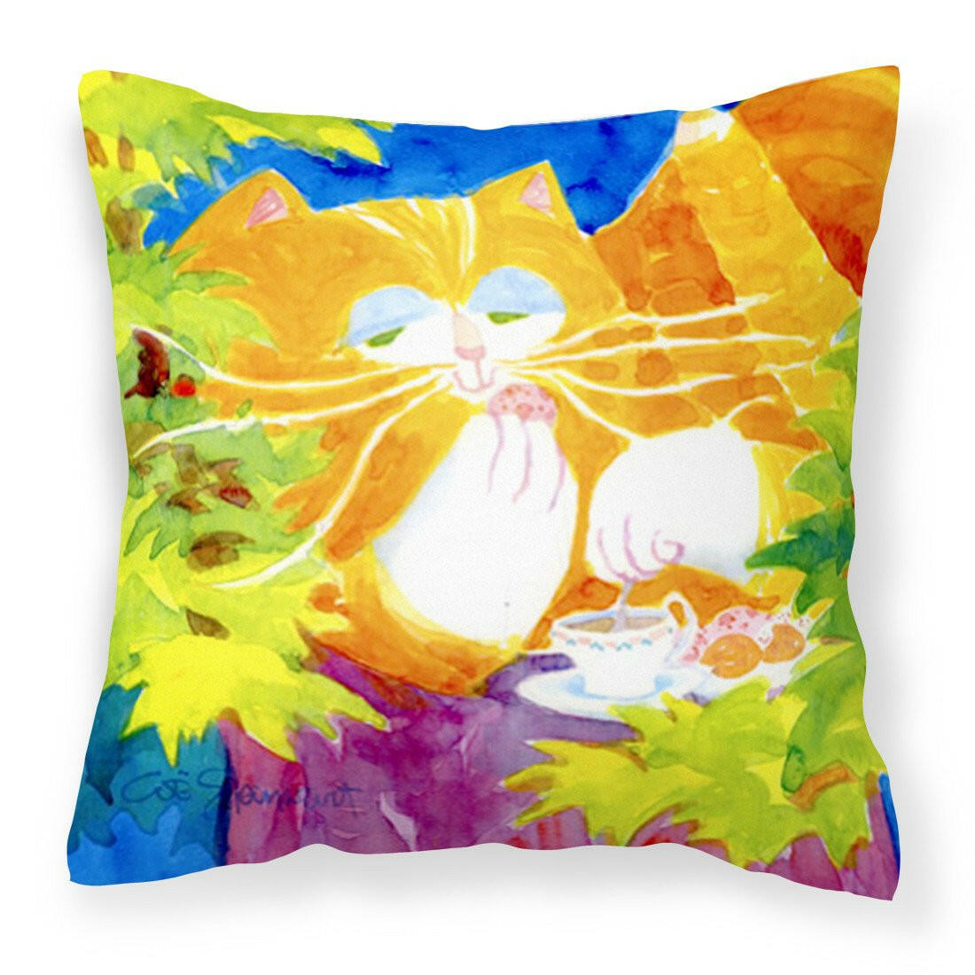 Cat Tea Time Decorative Throw Pillow 14x14 Indoor Outdoor Accent Cushion, Fabric Cover with Insert for Sofa, Bed, Porch & Living Room