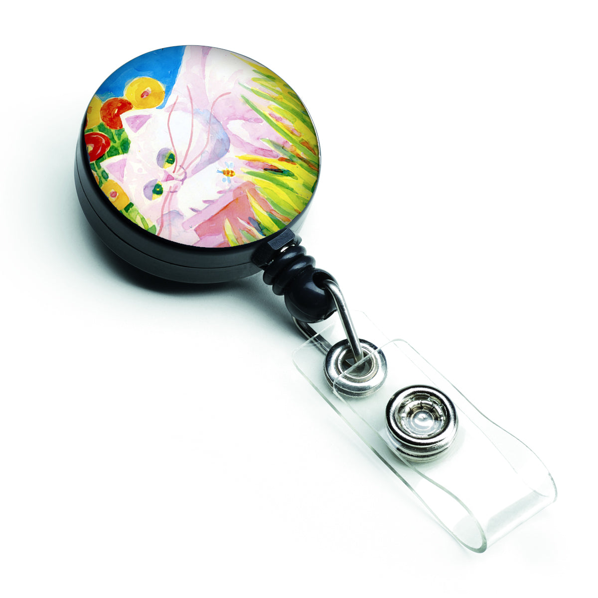 White Cat Tea Time Retractable Badge Reel for Nurses ID Badge Holder with Clip Retractable Employee Badge Holder, Belt Clip