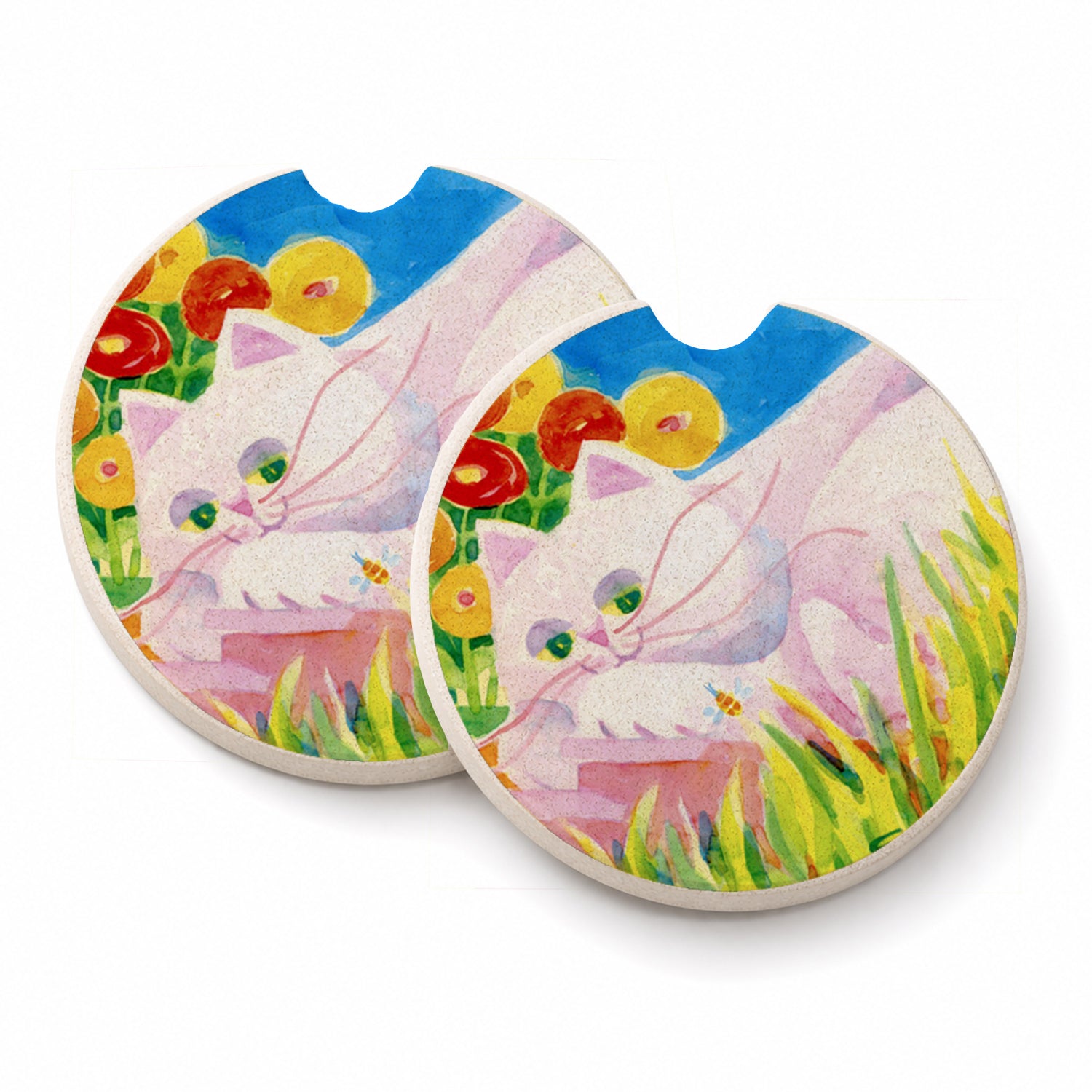 White Cat Tea Time Set of 2 Cup Holder Car Coasters Absorbent Round Sandstone Coasters Gifts for Men or Women, 2.5, Multicolor