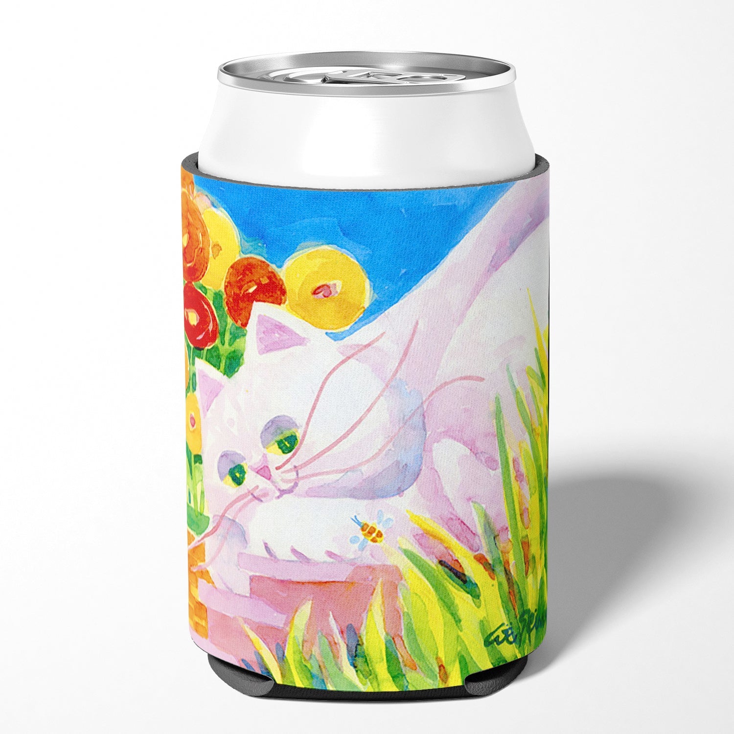 White Cat Tea Time Can or Bottle Hugger Cooler Sleeve for Standard 12 oz Cans, Insulated Foam Beer & Soda Can Hugger Reusable