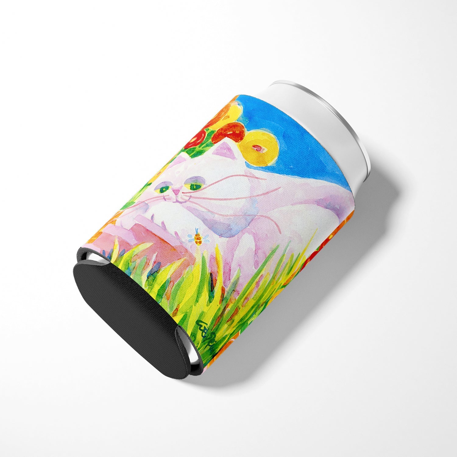 White Cat Tea Time Can or Bottle Hugger Cooler Sleeve for Standard 12 oz Cans, Insulated Foam Beer & Soda Can Hugger Reusable