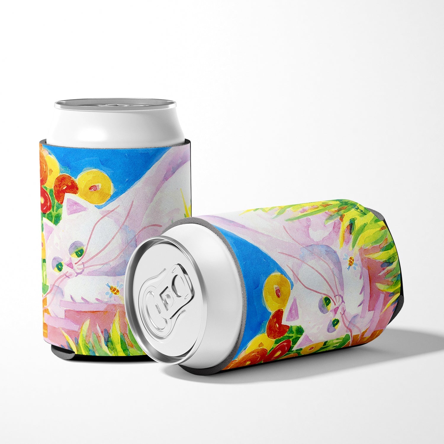 White Cat Tea Time Can or Bottle Hugger Cooler Sleeve for Standard 12 oz Cans, Insulated Foam Beer & Soda Can Hugger Reusable