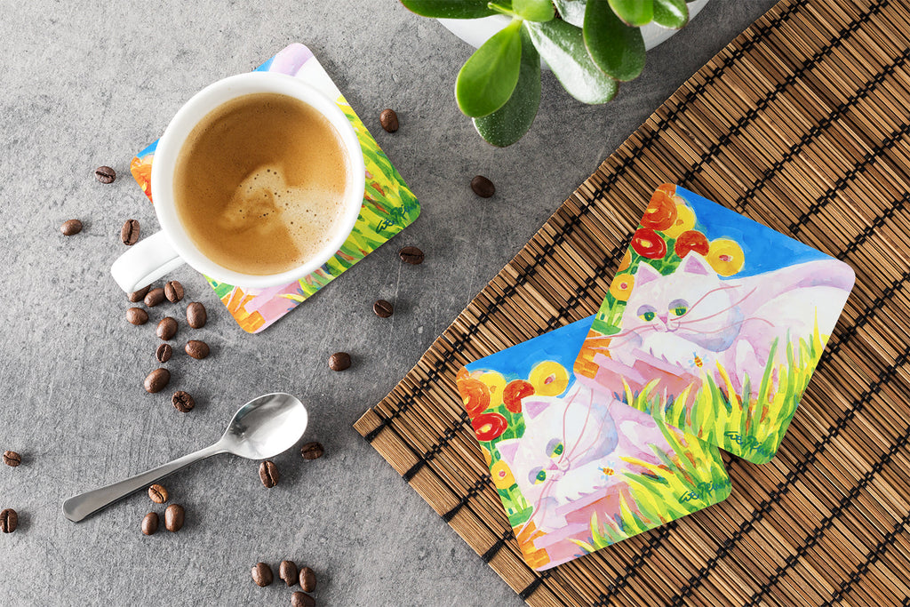 White Cat Tea Time Foam Coasters Set of 4 Cup Coasters for Indoor Outdoor, Tabletop Protection, Anti Slip, Mouse pad Material