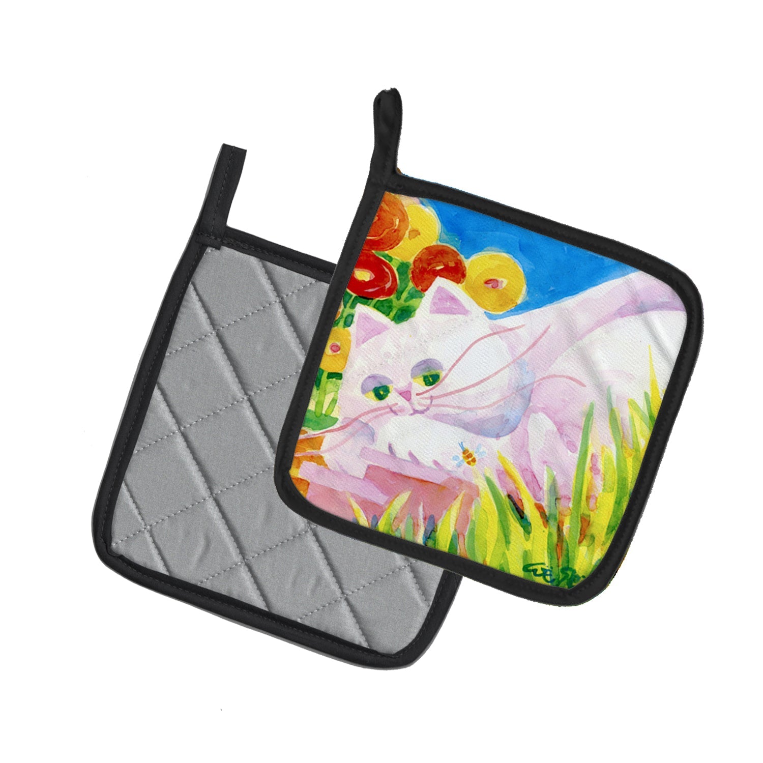White Cat Tea Time Pot Holder Set of 2 Heat Resistant Quilted Hot Pads 7.5 x 7.5 Inch, Insulated Kitchen Trivets for Cooking & Baking