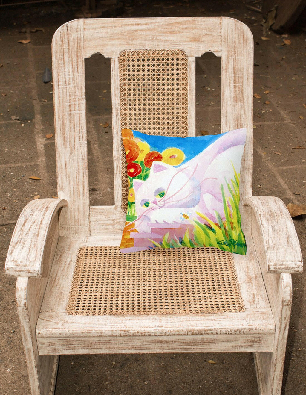 White Cat Tea Time Decorative Throw Pillow 14x14 Indoor Outdoor Accent Cushion, Fabric Cover with Insert for Sofa, Bed, Porch & Living Room