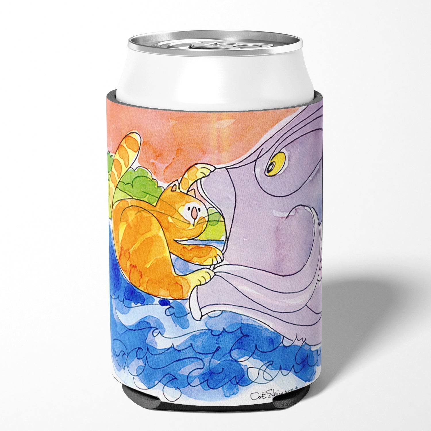 Cat and the Big Fish Can or Bottle Hugger Cooler Sleeve for Standard 12 oz Cans, Insulated Foam Beer & Soda Can Hugger Reusable
