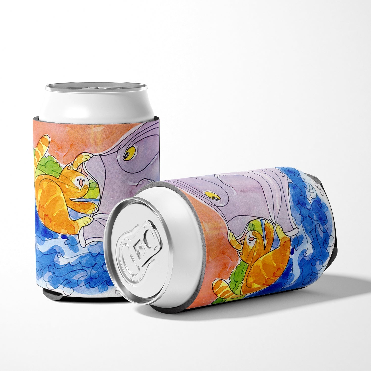 Cat and the Big Fish Can or Bottle Hugger Cooler Sleeve for Standard 12 oz Cans, Insulated Foam Beer & Soda Can Hugger Reusable