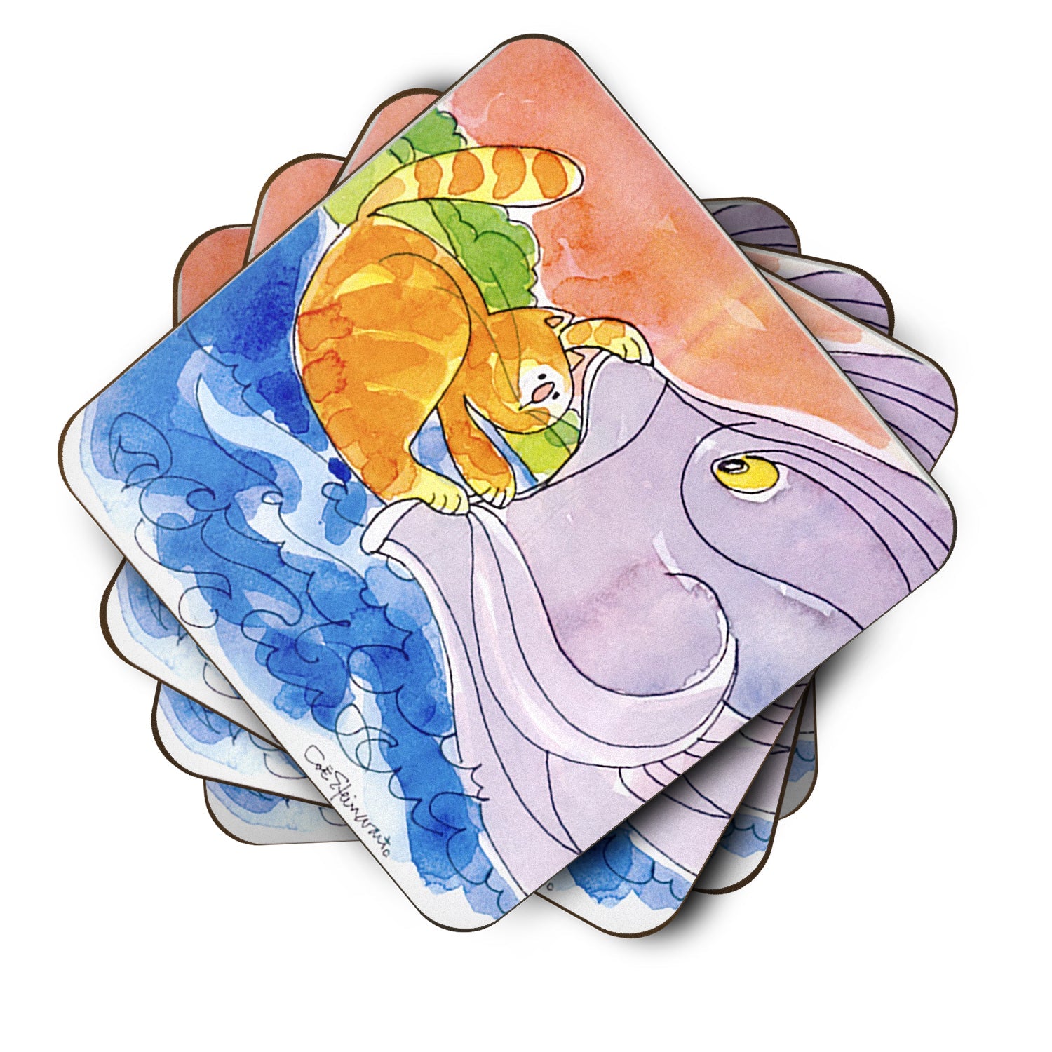 Cat and the Big Fish Foam Coasters Set of 4 Cup Coasters for Indoor Outdoor, Tabletop Protection, Anti Slip, Mouse pad Material