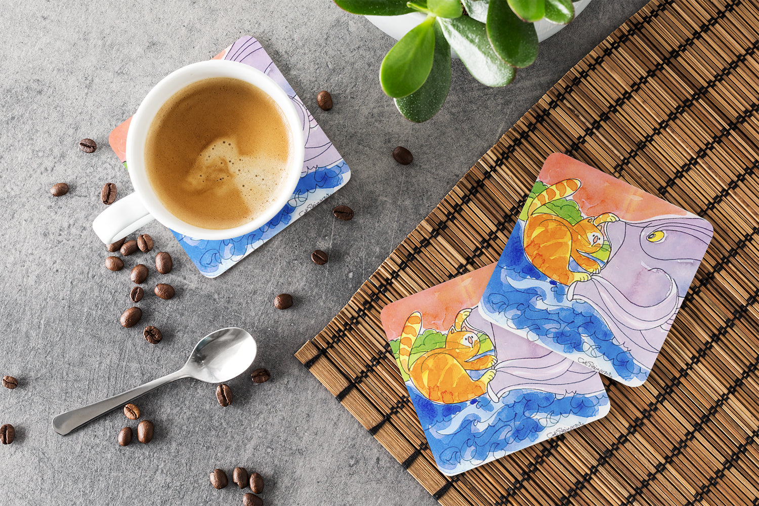 Cat and the Big Fish Foam Coasters Set of 4 Cup Coasters for Indoor Outdoor, Tabletop Protection, Anti Slip, Mouse pad Material