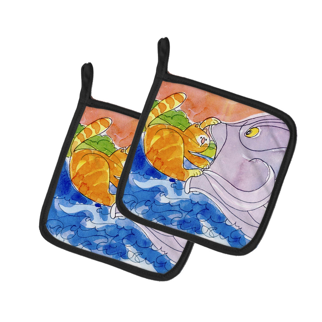 Cat and the Big Fish Pot Holder Set of 2 Heat Resistant Quilted Hot Pads 7.5 x 7.5 Inch, Insulated Kitchen Trivets for Cooking & Baking