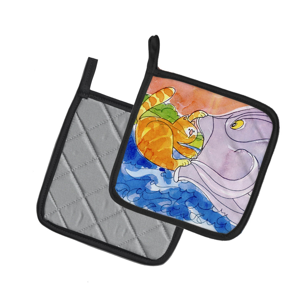 Cat and the Big Fish Pot Holder Set of 2 Heat Resistant Quilted Hot Pads 7.5 x 7.5 Inch, Insulated Kitchen Trivets for Cooking & Baking