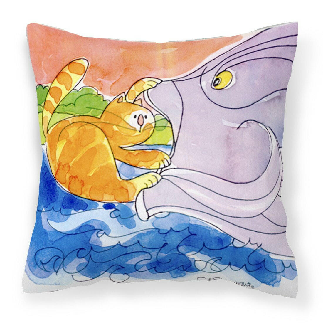 Cat and the Big Fish Decorative Throw Pillow 14x14 Indoor Outdoor Accent Cushion, Fabric Cover with Insert for Sofa, Bed, Porch & Living Room