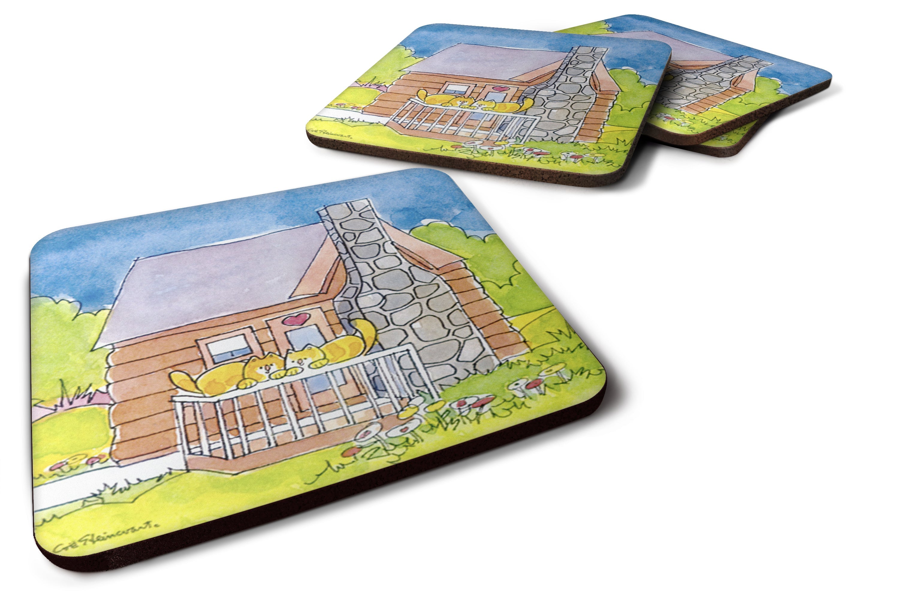 Cat Love at the Log Cabin  Foam Coasters Set of 4 Cup Coasters for Indoor Outdoor, Tabletop Protection, Anti Slip, Mouse pad Material
