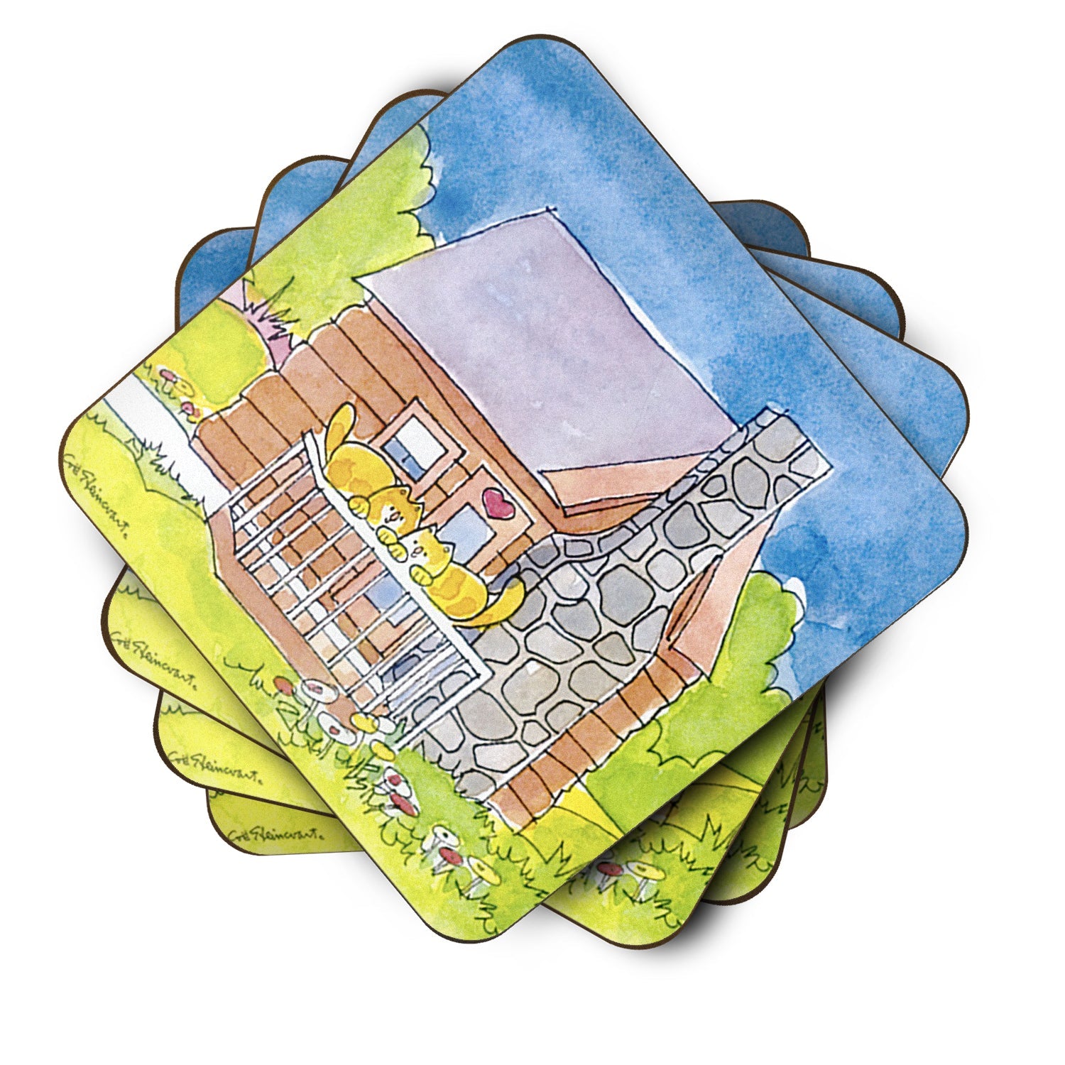 Cat Love at the Log Cabin  Foam Coasters Set of 4 Cup Coasters for Indoor Outdoor, Tabletop Protection, Anti Slip, Mouse pad Material