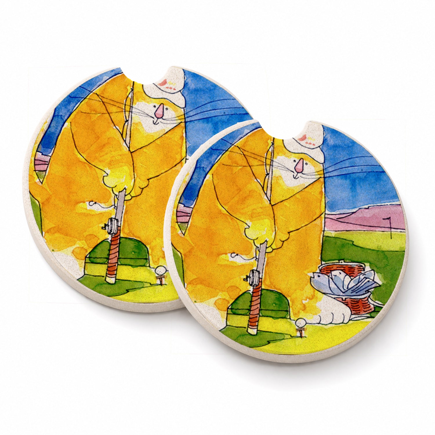 Big Cat golfing with a fishing pole  Set of 2 Cup Holder Car Coasters Absorbent Round Sandstone Coasters Gifts for Men or Women, 2.5, Multicolor