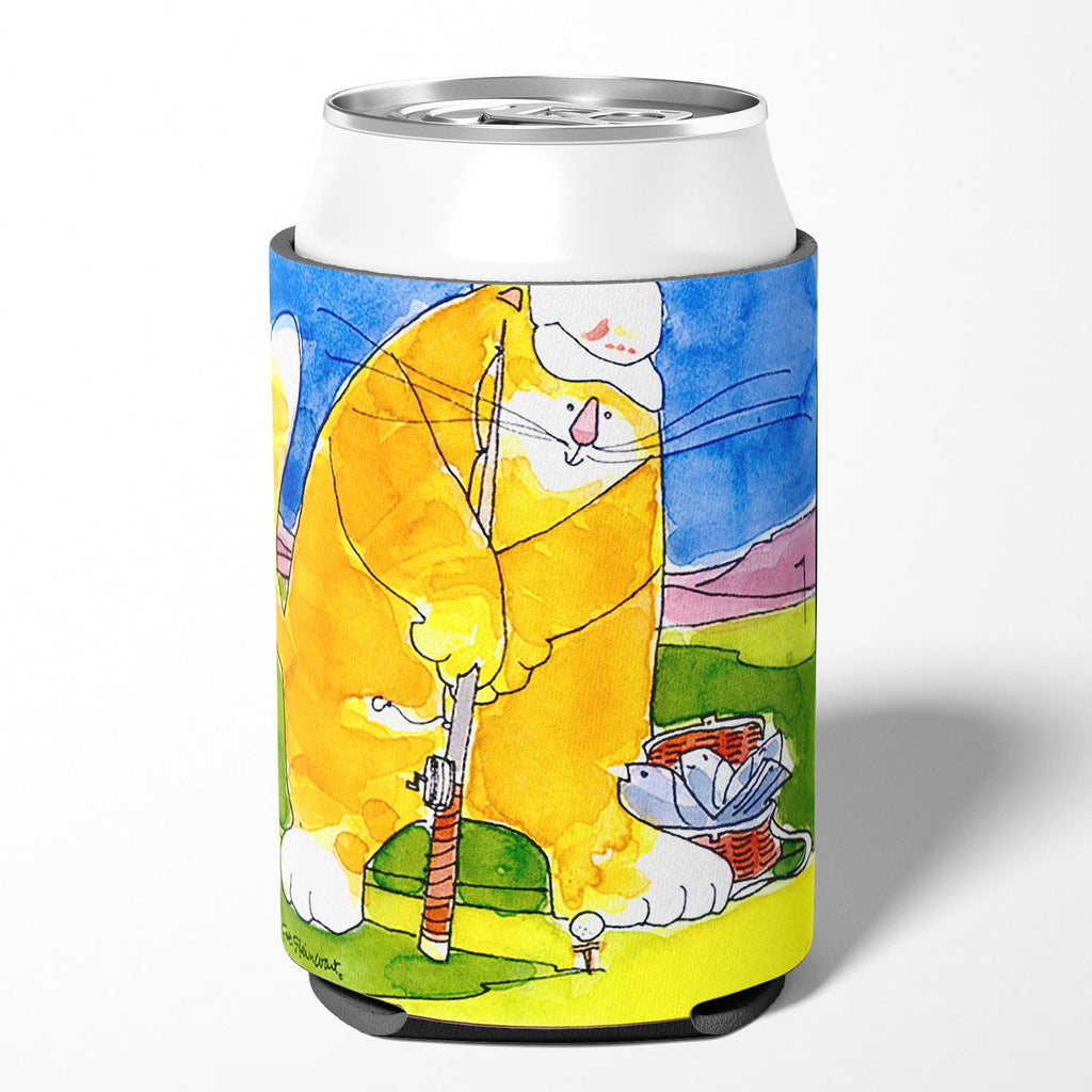 Big Cat golfing with a fishing pole  Can or Bottle Hugger Cooler Sleeve for Standard 12 oz Cans, Insulated Foam Beer & Soda Can Hugger Reusable