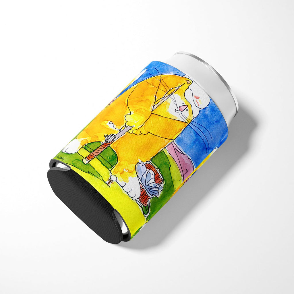 Big Cat golfing with a fishing pole  Can or Bottle Hugger Cooler Sleeve for Standard 12 oz Cans, Insulated Foam Beer & Soda Can Hugger Reusable