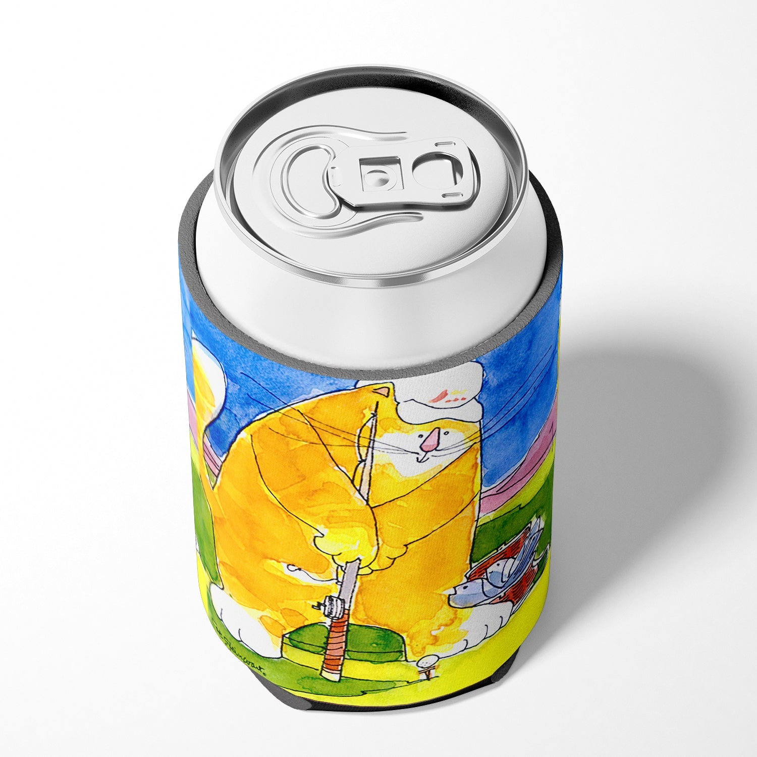 Big Cat golfing with a fishing pole  Can or Bottle Hugger Cooler Sleeve for Standard 12 oz Cans, Insulated Foam Beer & Soda Can Hugger Reusable