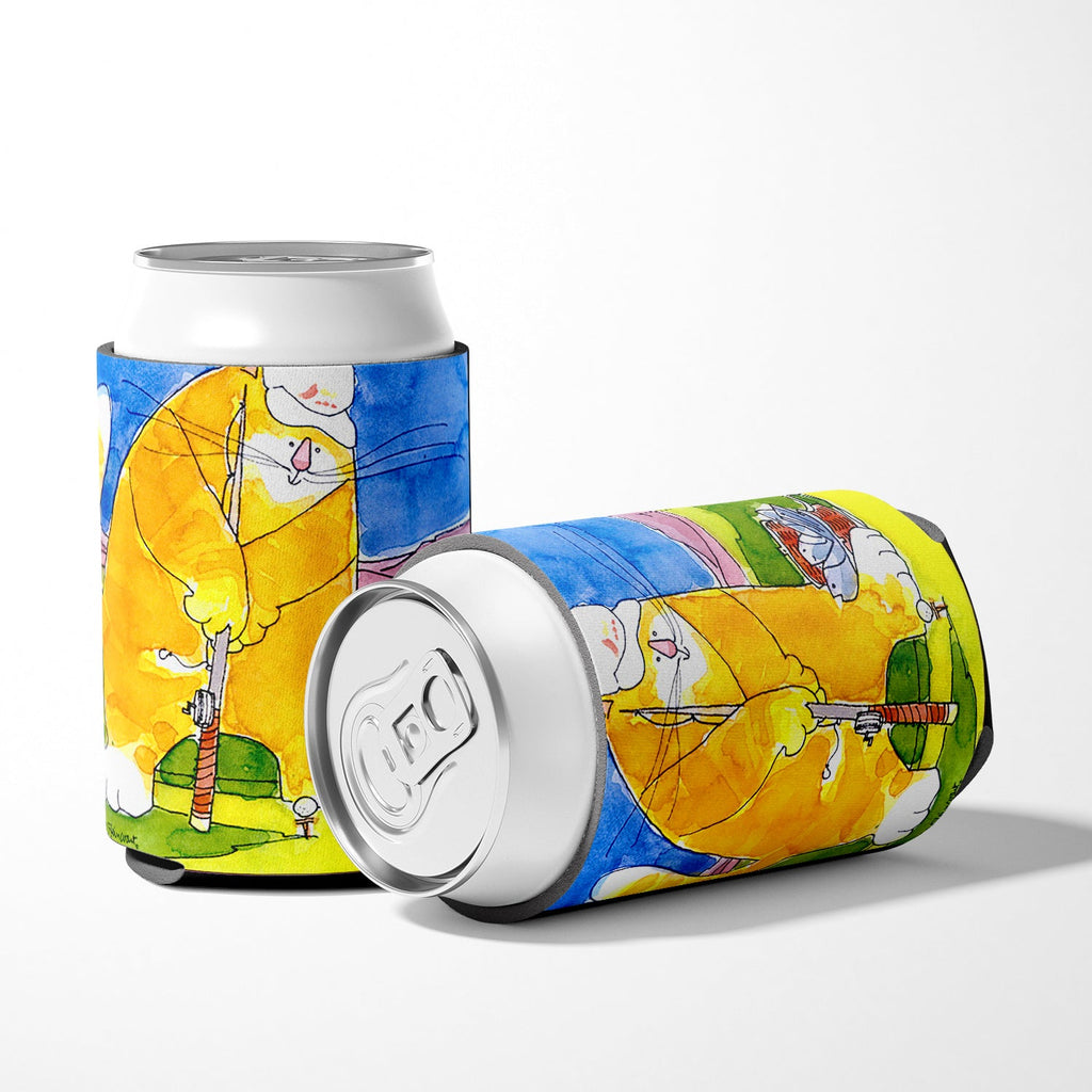 Big Cat golfing with a fishing pole  Can or Bottle Hugger Cooler Sleeve for Standard 12 oz Cans, Insulated Foam Beer & Soda Can Hugger Reusable