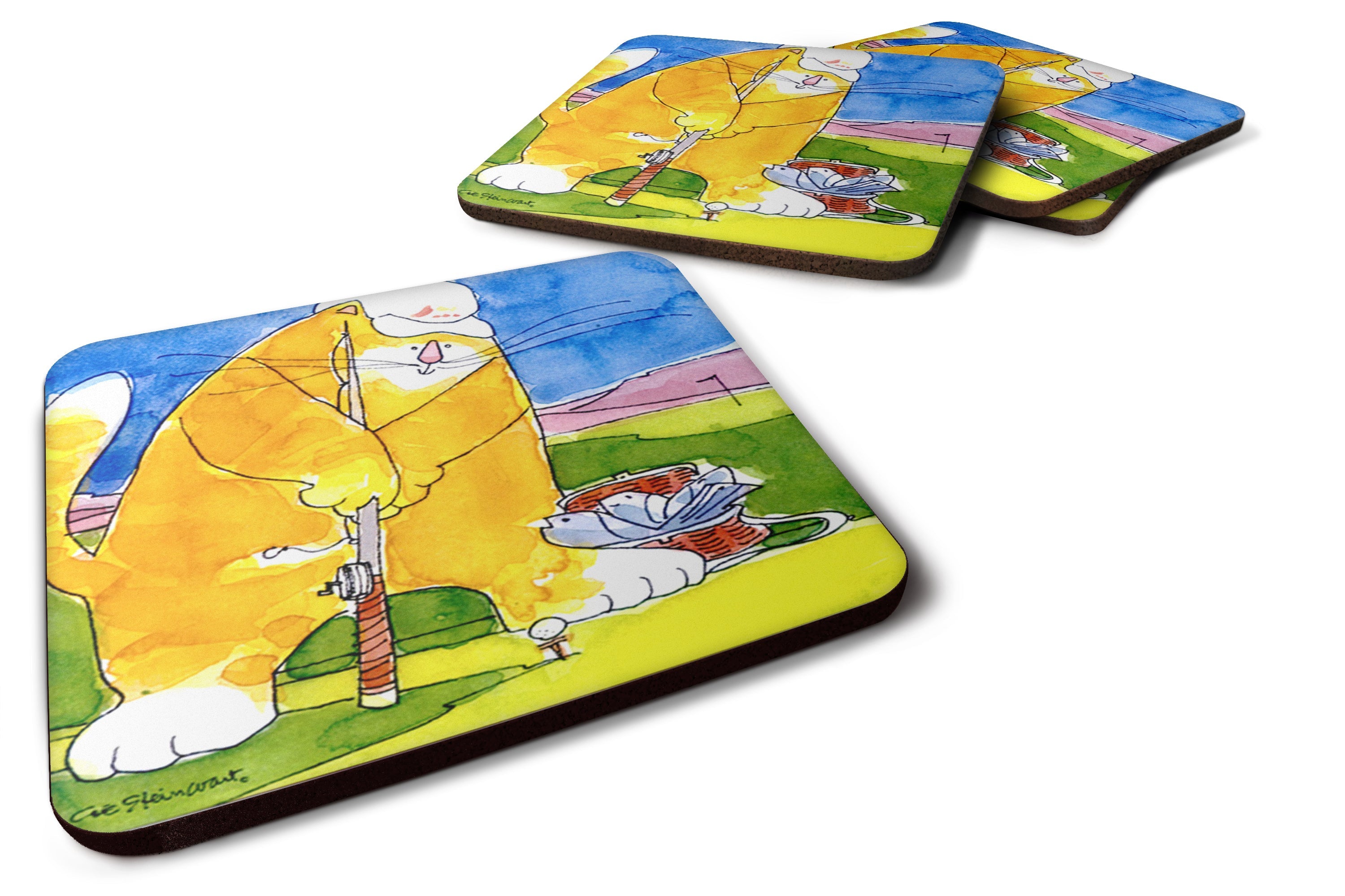 Big Cat golfing with a fishing pole  Foam Coasters Set of 4 Cup Coasters for Indoor Outdoor, Tabletop Protection, Anti Slip, Mouse pad Material