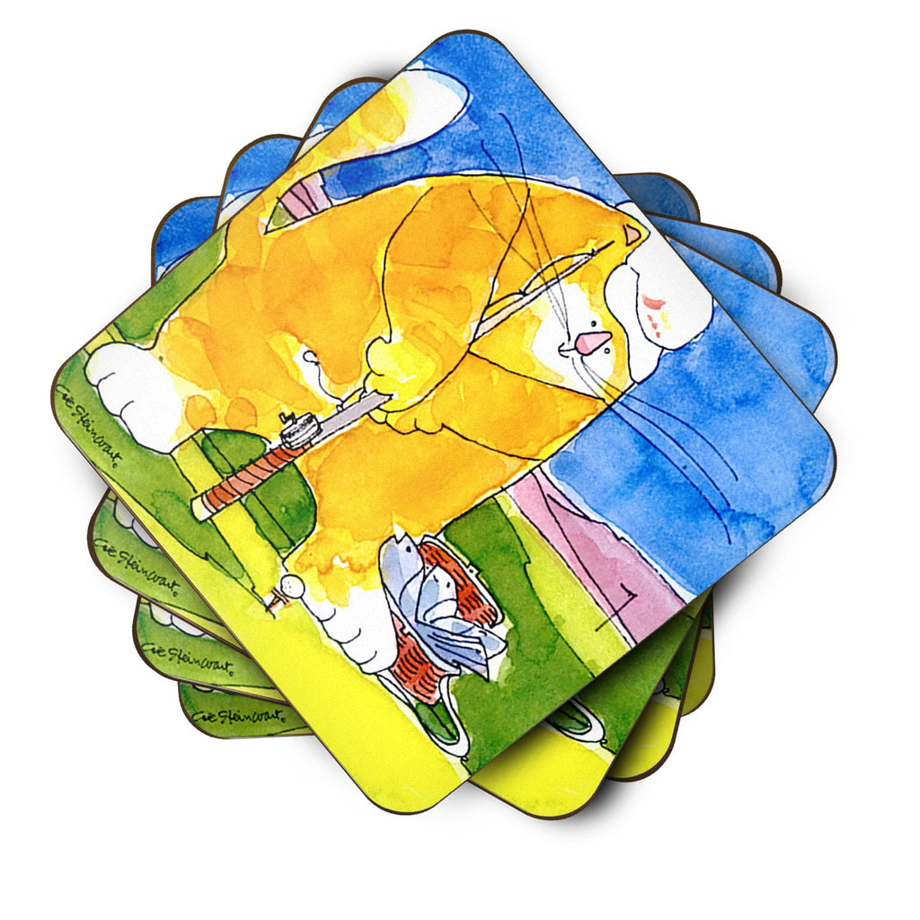 Big Cat golfing with a fishing pole  Foam Coasters Set of 4 Cup Coasters for Indoor Outdoor, Tabletop Protection, Anti Slip, Mouse pad Material