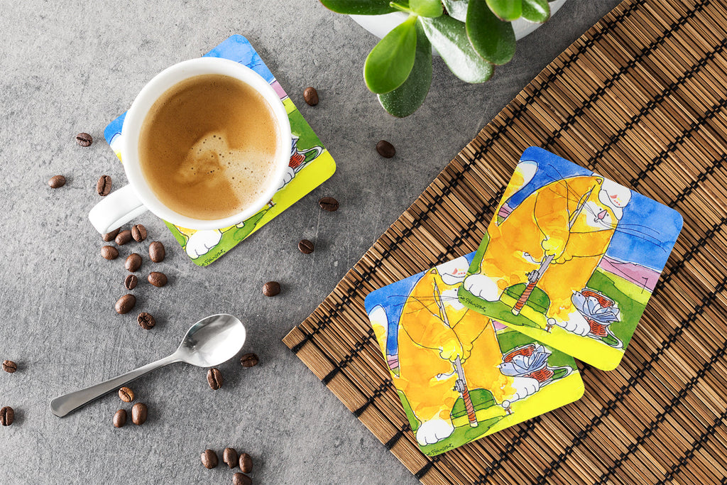 Big Cat golfing with a fishing pole  Foam Coasters Set of 4 Cup Coasters for Indoor Outdoor, Tabletop Protection, Anti Slip, Mouse pad Material