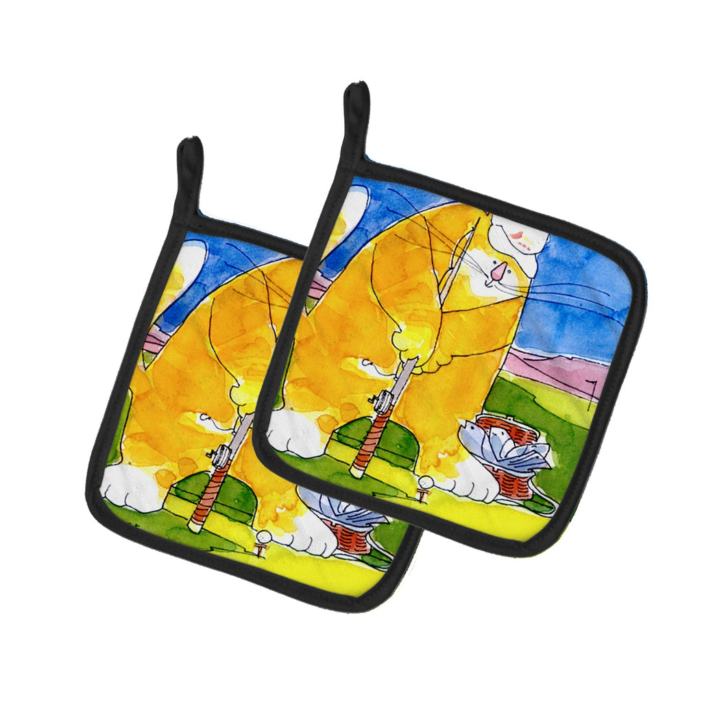 Big Cat golfing with a fishing pole  Pot Holder Set of 2 Heat Resistant Quilted Hot Pads 7.5 x 7.5 Inch, Insulated Kitchen Trivets for Cooking & Baking