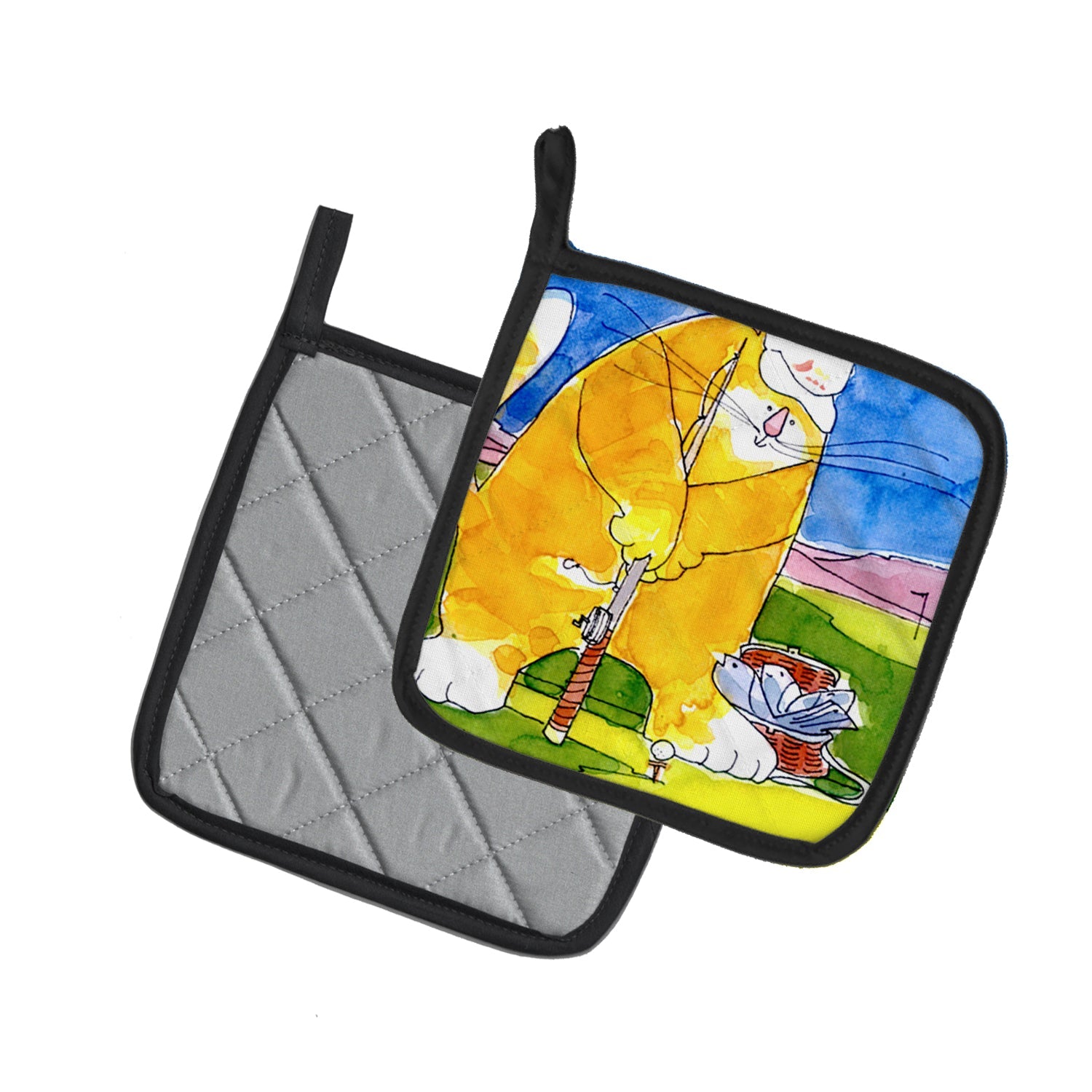 Big Cat golfing with a fishing pole  Pot Holder Set of 2 Heat Resistant Quilted Hot Pads 7.5 x 7.5 Inch, Insulated Kitchen Trivets for Cooking & Baking