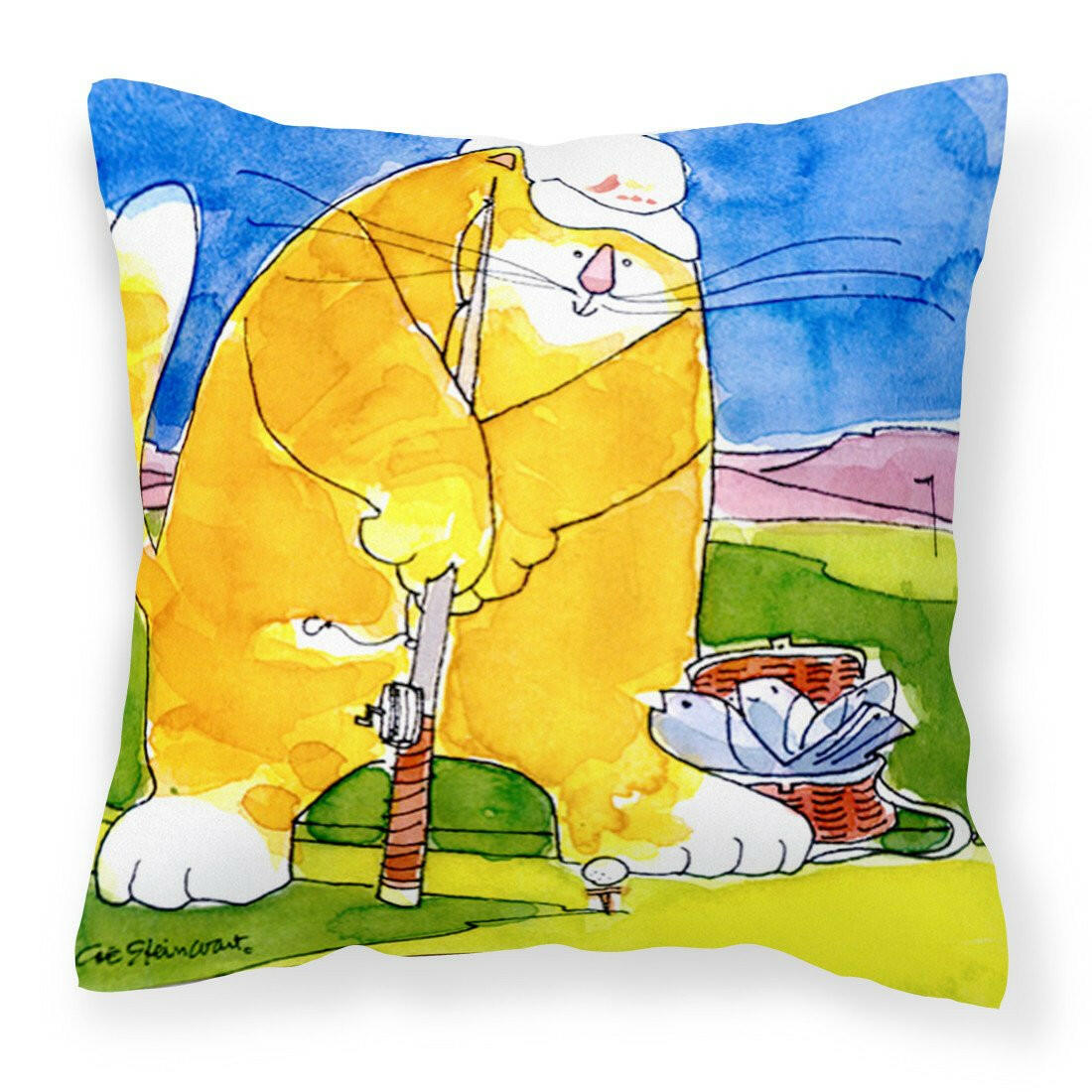 Big Cat golfing with a fishing pole  Decorative Throw Pillow 14x14 Indoor Outdoor Accent Cushion, Fabric Cover with Insert for Sofa, Bed, Porch & Living Room