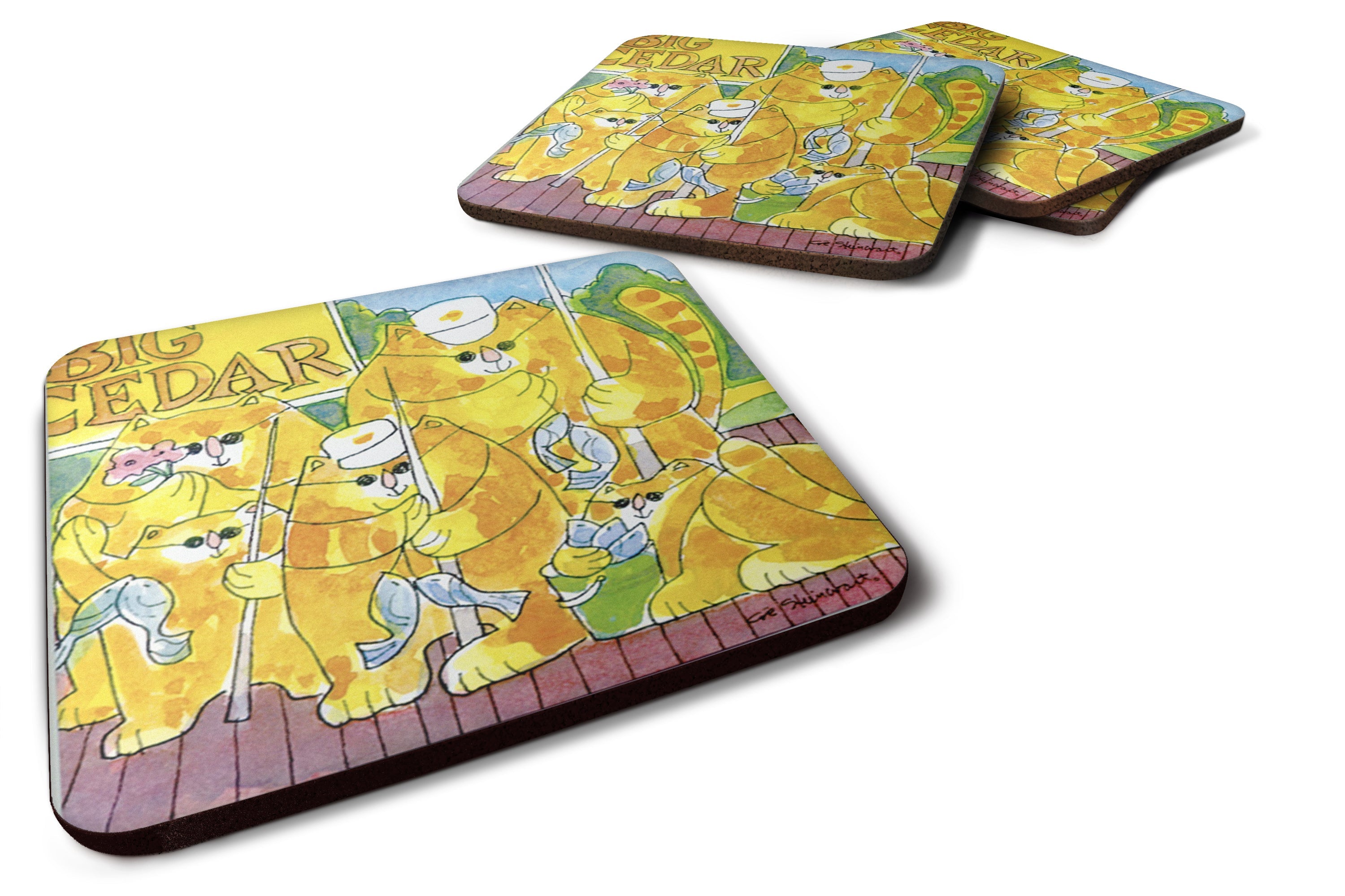 Orange Tabby Fishing Cats Foam Coasters Set of 4 Cup Coasters for Indoor Outdoor, Tabletop Protection, Anti Slip, Mouse pad Material