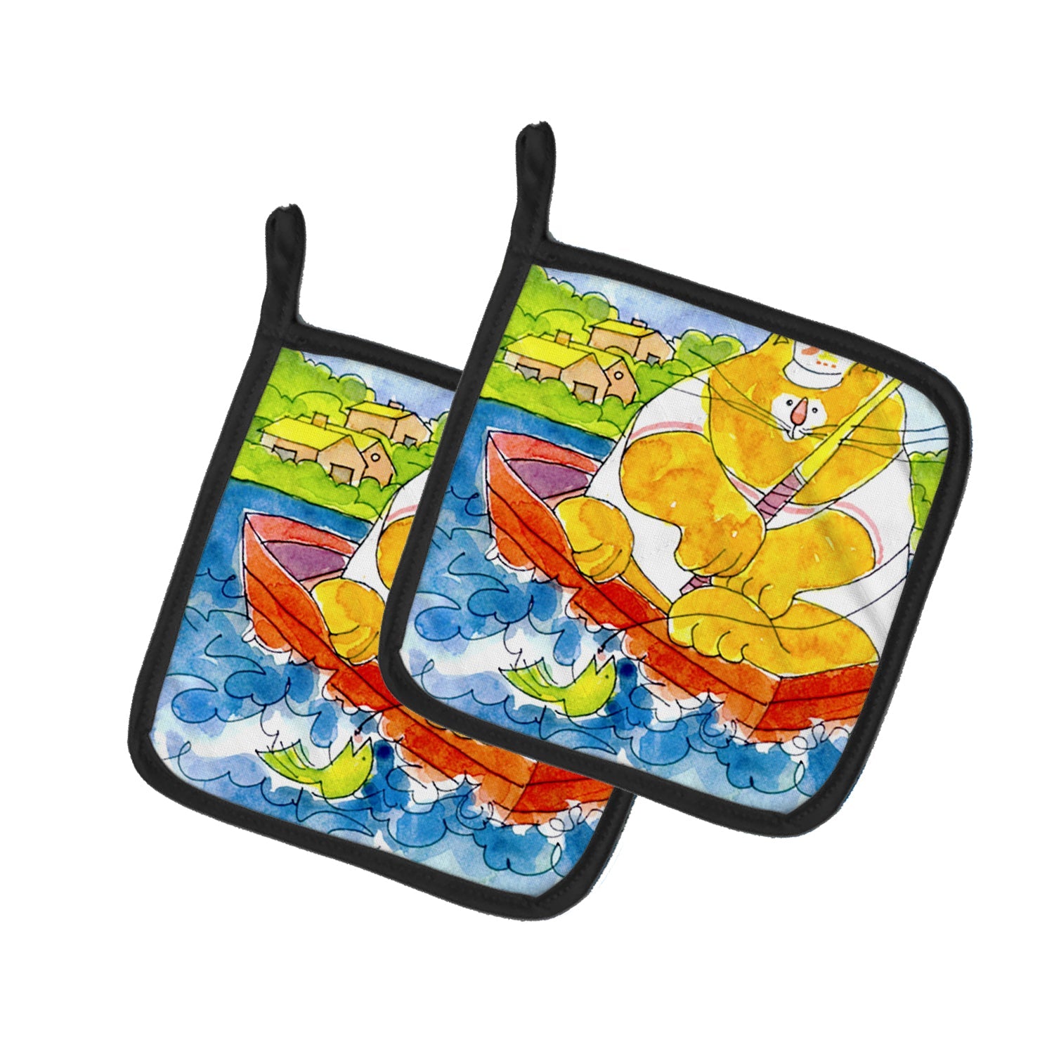 Big Orange Cat Fishing Pot Holder Set of 2 Heat Resistant Quilted Hot Pads 7.5 x 7.5 Inch, Insulated Kitchen Trivets for Cooking & Baking