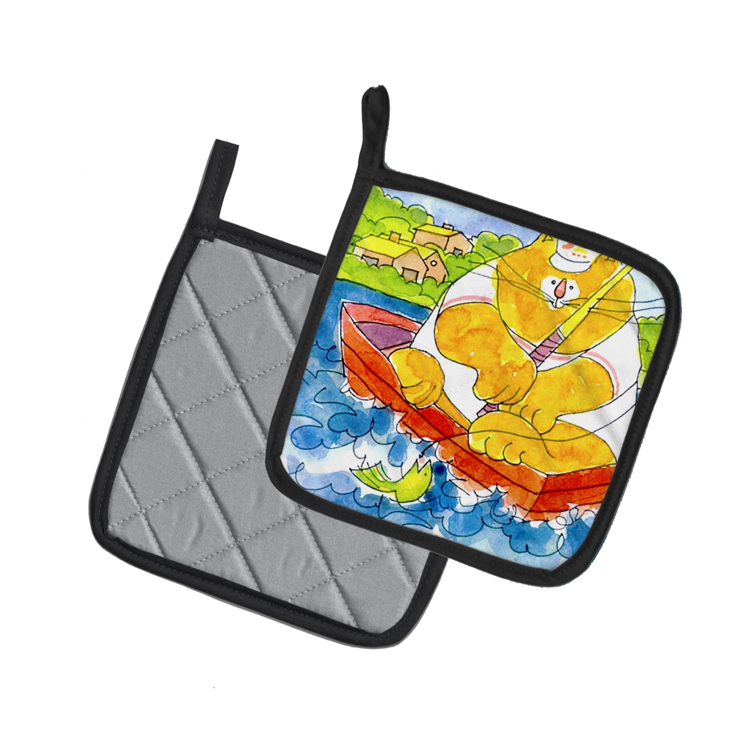 Big Orange Cat Fishing Pot Holder Set of 2 Heat Resistant Quilted Hot Pads 7.5 x 7.5 Inch, Insulated Kitchen Trivets for Cooking & Baking