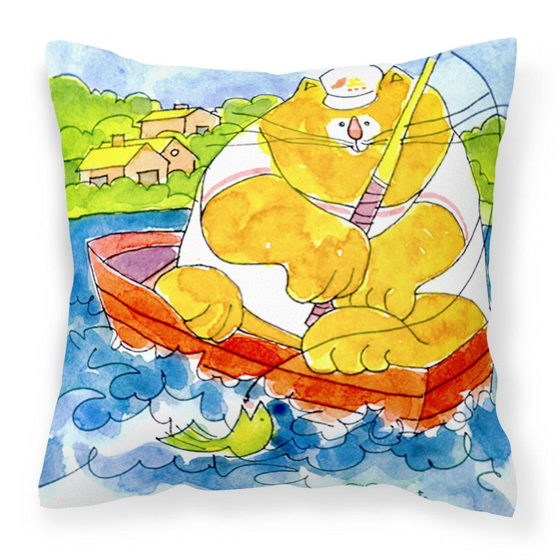 Big Orange Cat Fishing Decorative Throw Pillow 14x14 Indoor Outdoor Accent Cushion, Fabric Cover with Insert for Sofa, Bed, Porch & Living Room