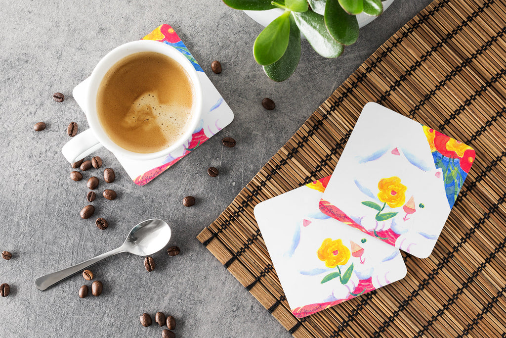 Big white Cat Foam Coasters Set of 4 Cup Coasters for Indoor Outdoor, Tabletop Protection, Anti Slip, Mouse pad Material