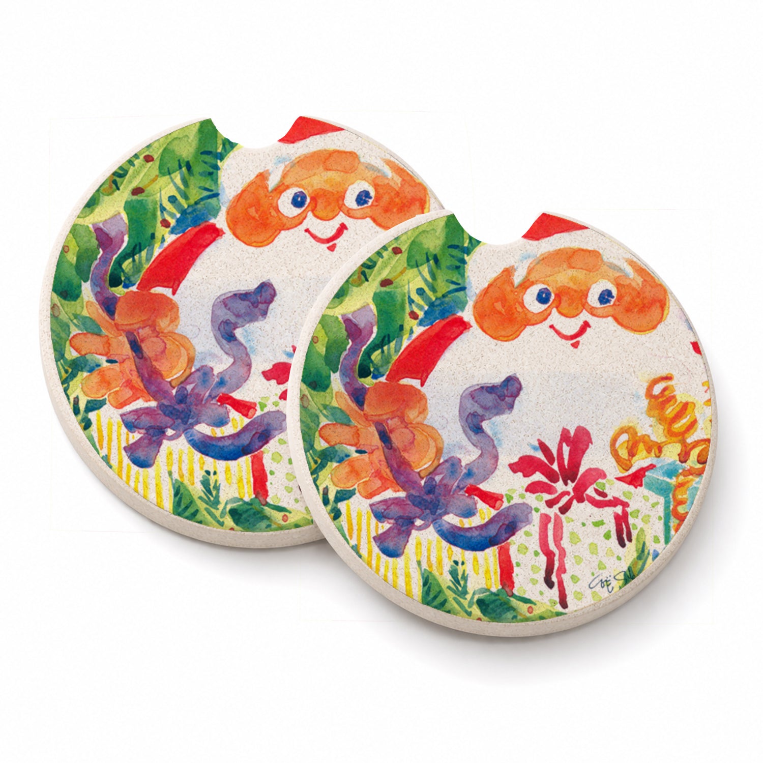 Santa Claus Christmas Surprise Set of 2 Cup Holder Car Coasters Absorbent Round Sandstone Coasters Gifts for Men or Women, 2.5, Multicolor