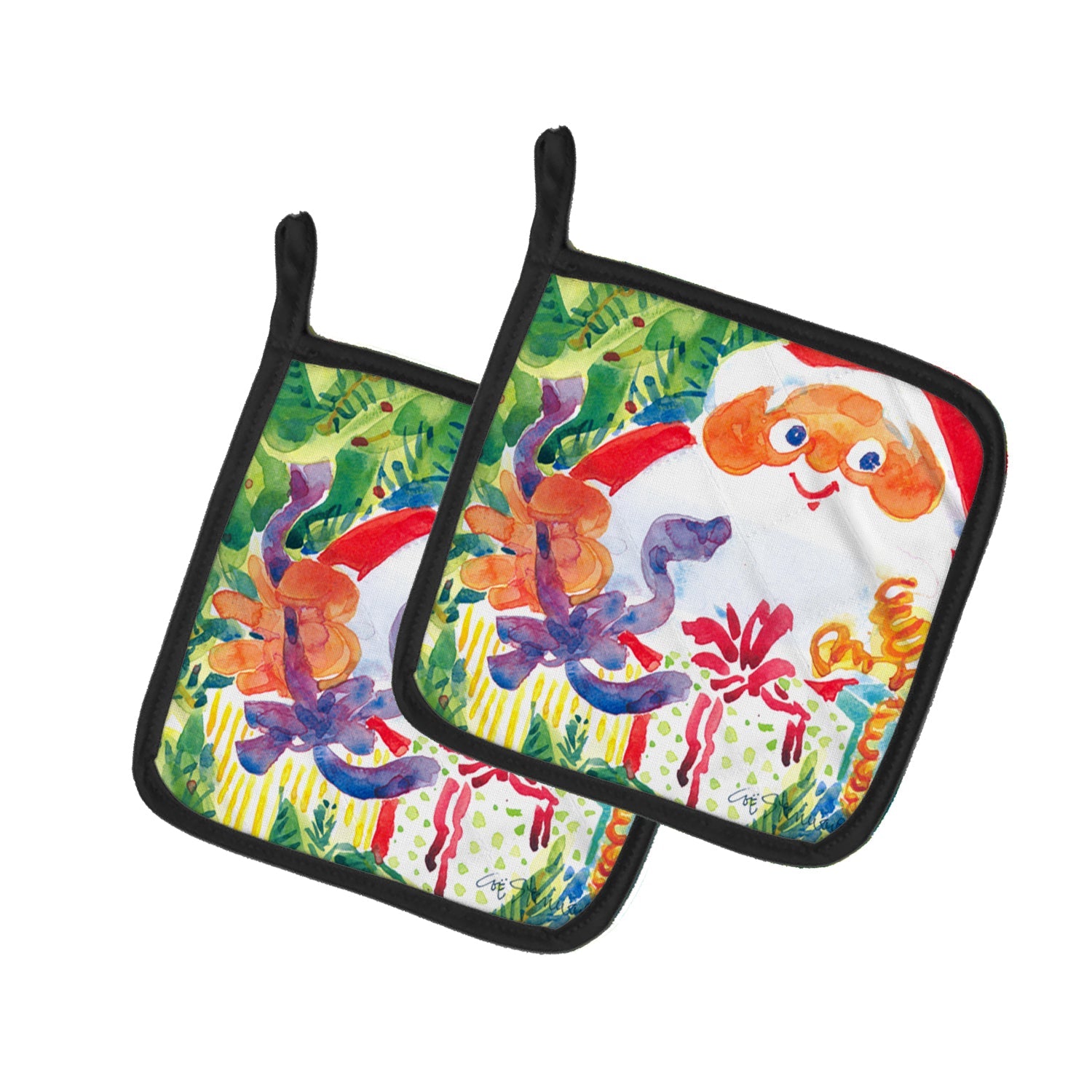 Santa Claus Christmas Surprise Pot Holder Set of 2 Heat Resistant Quilted Hot Pads 7.5 x 7.5 Inch, Insulated Kitchen Trivets for Cooking & Baking