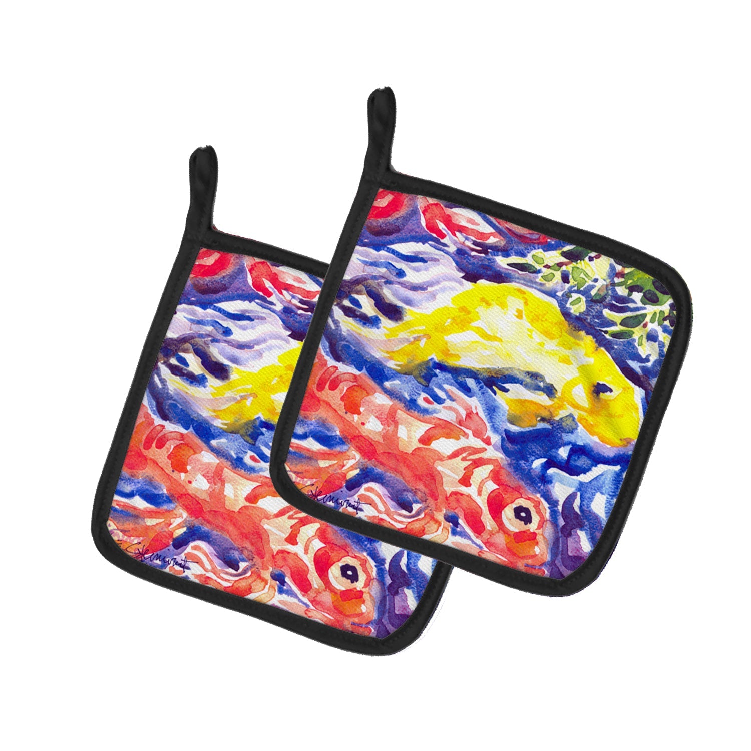 Fish - Koi in the pond Pot Holder Set of 2 Heat Resistant Quilted Hot Pads 7.5 x 7.5 Inch, Insulated Kitchen Trivets for Cooking & Baking