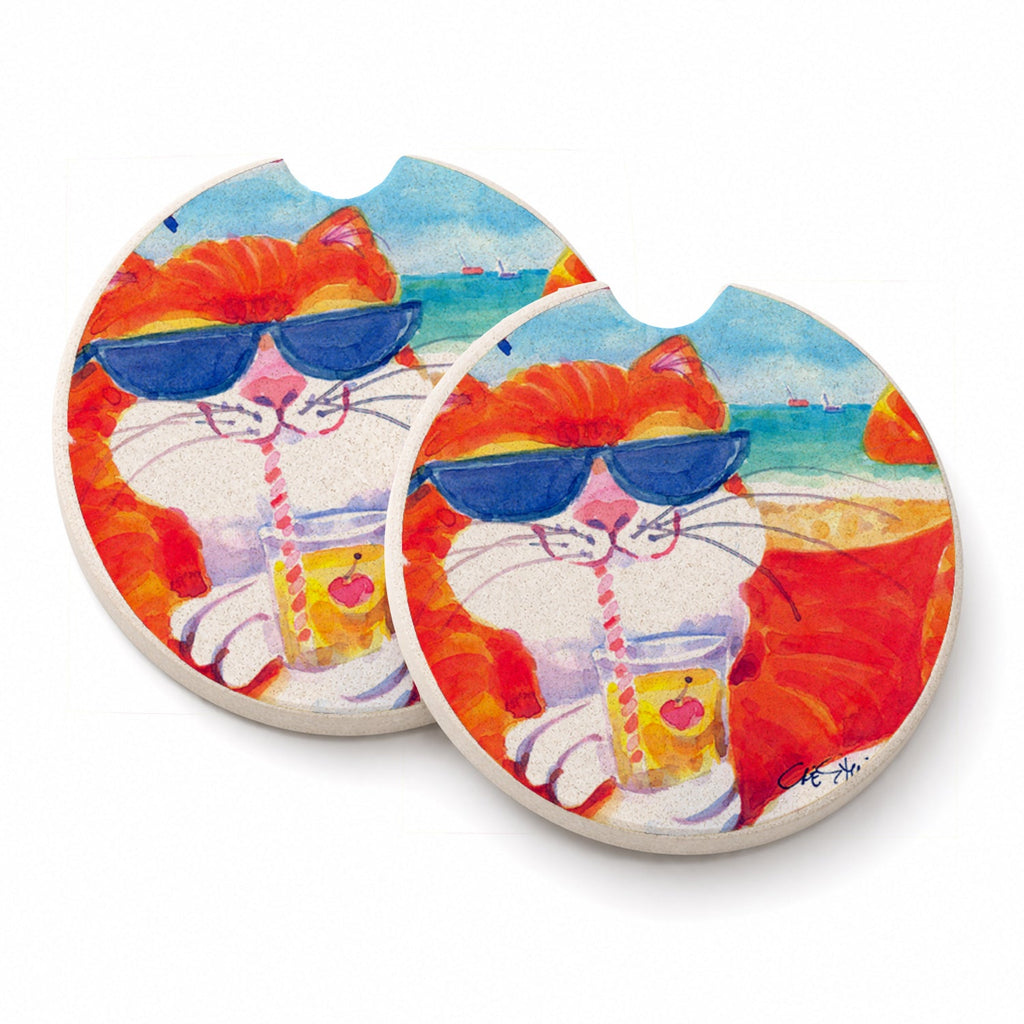 Cool Cat with Sunglasses at the beach Set of 2 Cup Holder Car Coasters Absorbent Round Sandstone Coasters Gifts for Men or Women, 2.5, Multicolor