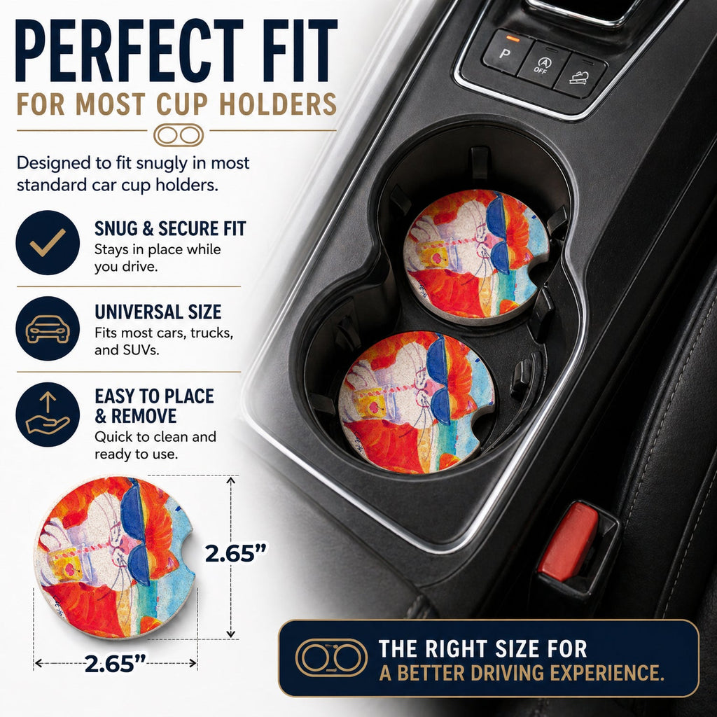 Cool Cat with Sunglasses at the beach Set of 2 Cup Holder Car Coasters Absorbent Round Sandstone Coasters Gifts for Men or Women, 2.5, Multicolor