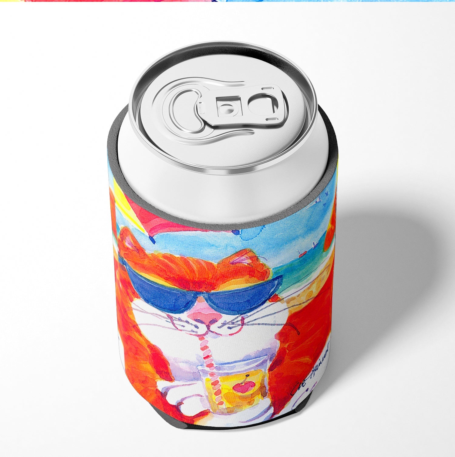 Cool Cat with Sunglasses at the beach Can or Bottle Hugger Cooler Sleeve for Standard 12 oz Cans, Insulated Foam Beer & Soda Can Hugger Reusable