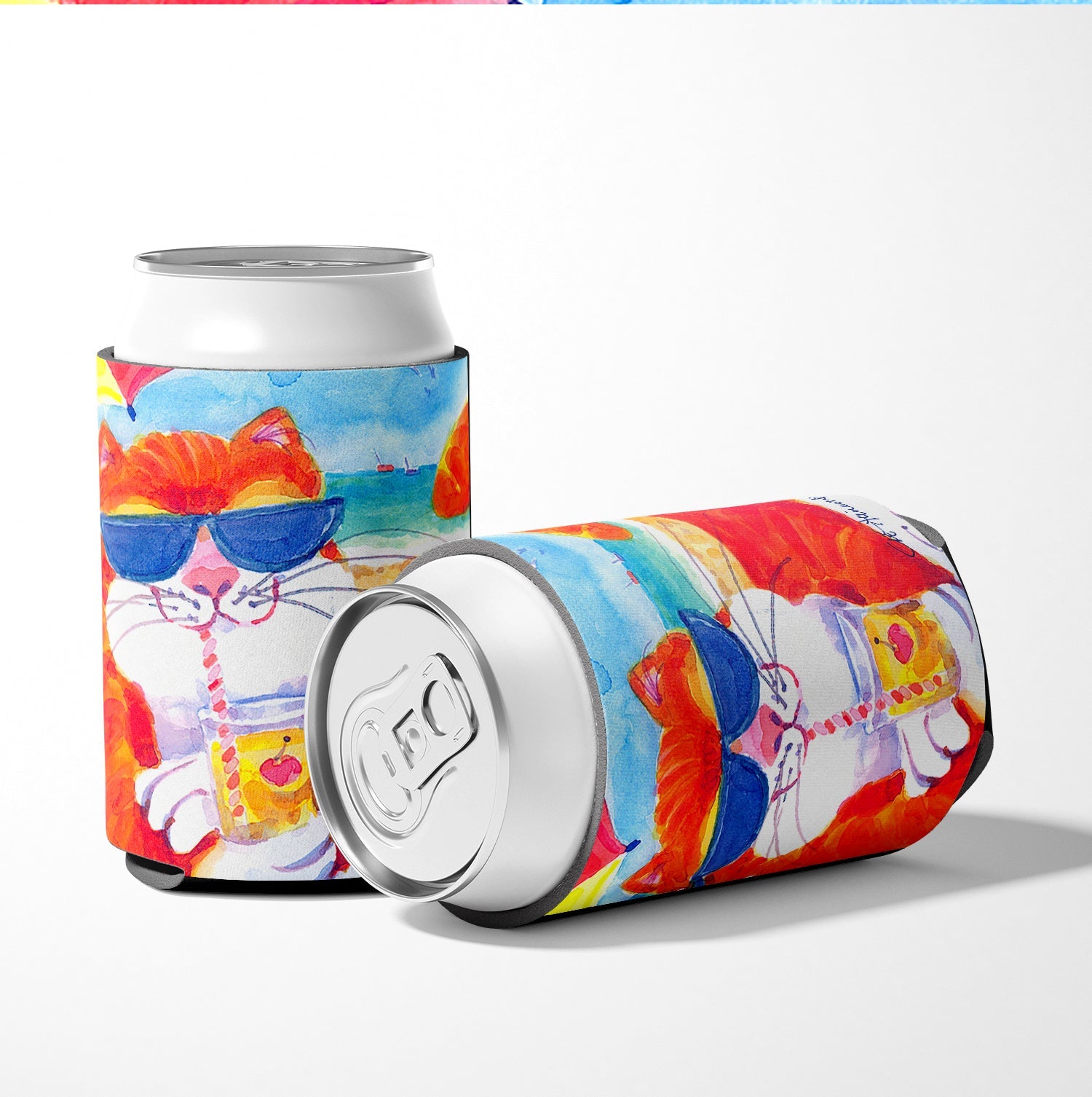 Cool Cat with Sunglasses at the beach Can or Bottle Hugger Cooler Sleeve for Standard 12 oz Cans, Insulated Foam Beer & Soda Can Hugger Reusable