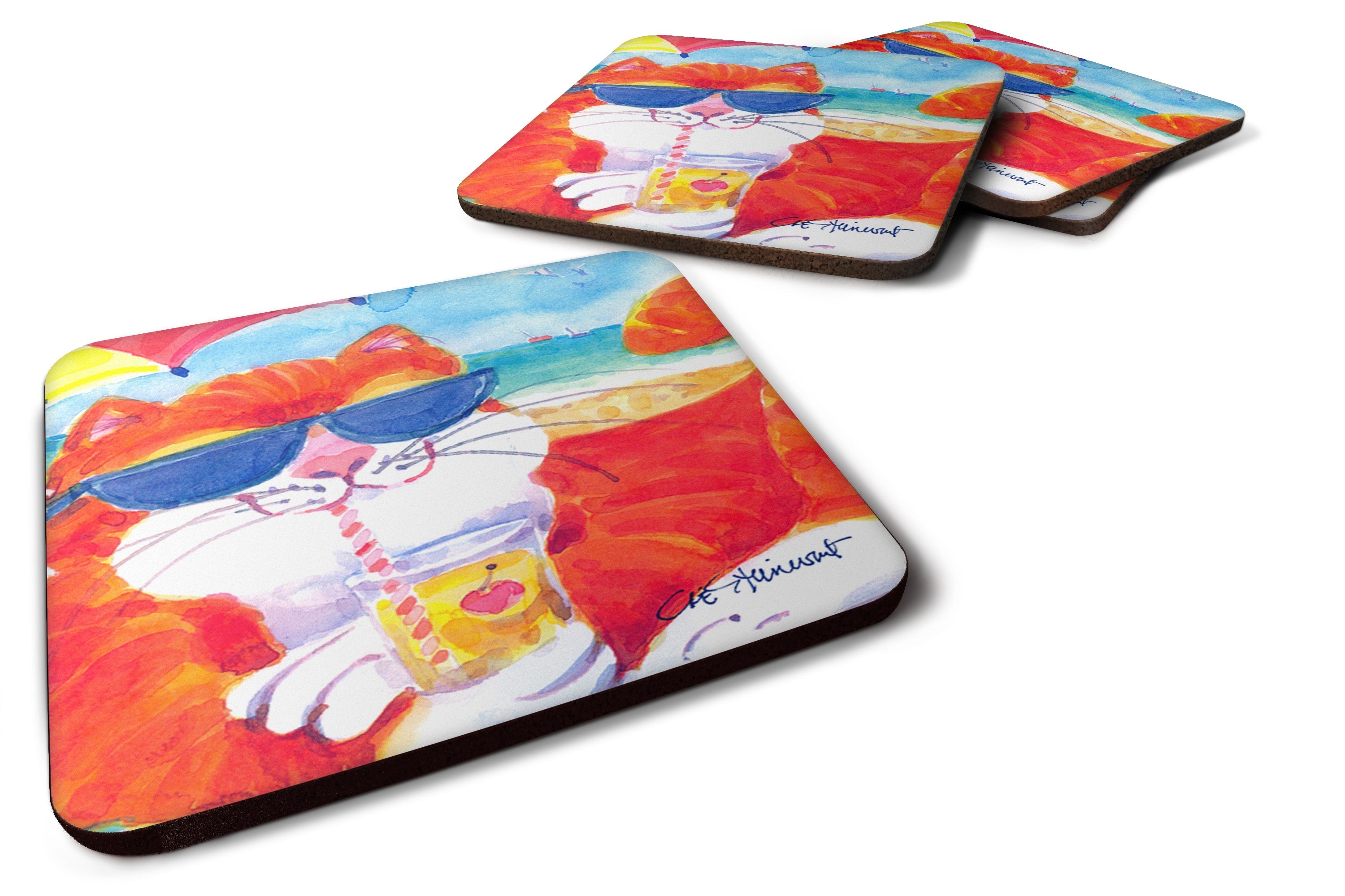 Cool Cat with Sunglasses at the beach Foam Coasters Set of 4 Cup Coasters for Indoor Outdoor, Tabletop Protection, Anti Slip, Mouse pad Material