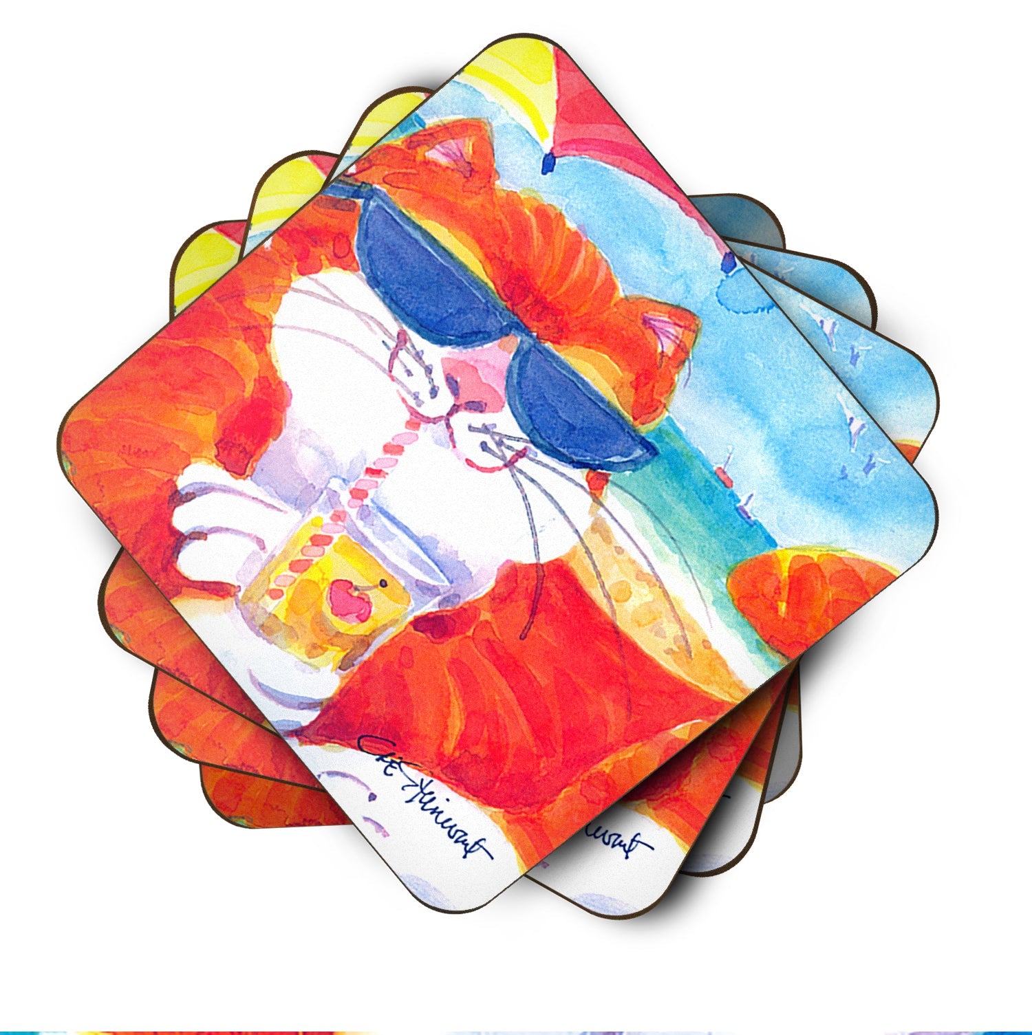 Cool Cat with Sunglasses at the beach Foam Coasters Set of 4 Cup Coasters for Indoor Outdoor, Tabletop Protection, Anti Slip, Mouse pad Material