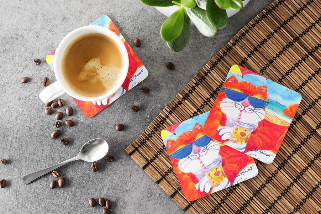 Cool Cat with Sunglasses at the beach Foam Coasters Set of 4 Cup Coasters for Indoor Outdoor, Tabletop Protection, Anti Slip, Mouse pad Material