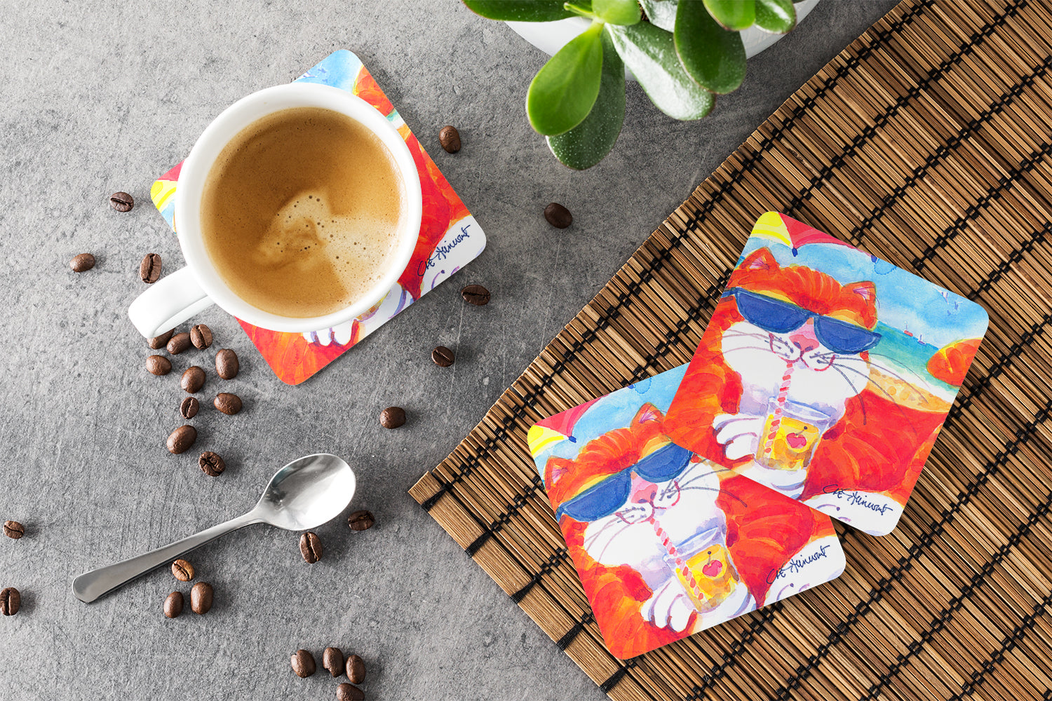 Cool Cat with Sunglasses at the beach Foam Coasters Set of 4 Cup Coasters for Indoor Outdoor, Tabletop Protection, Anti Slip, Mouse pad Material